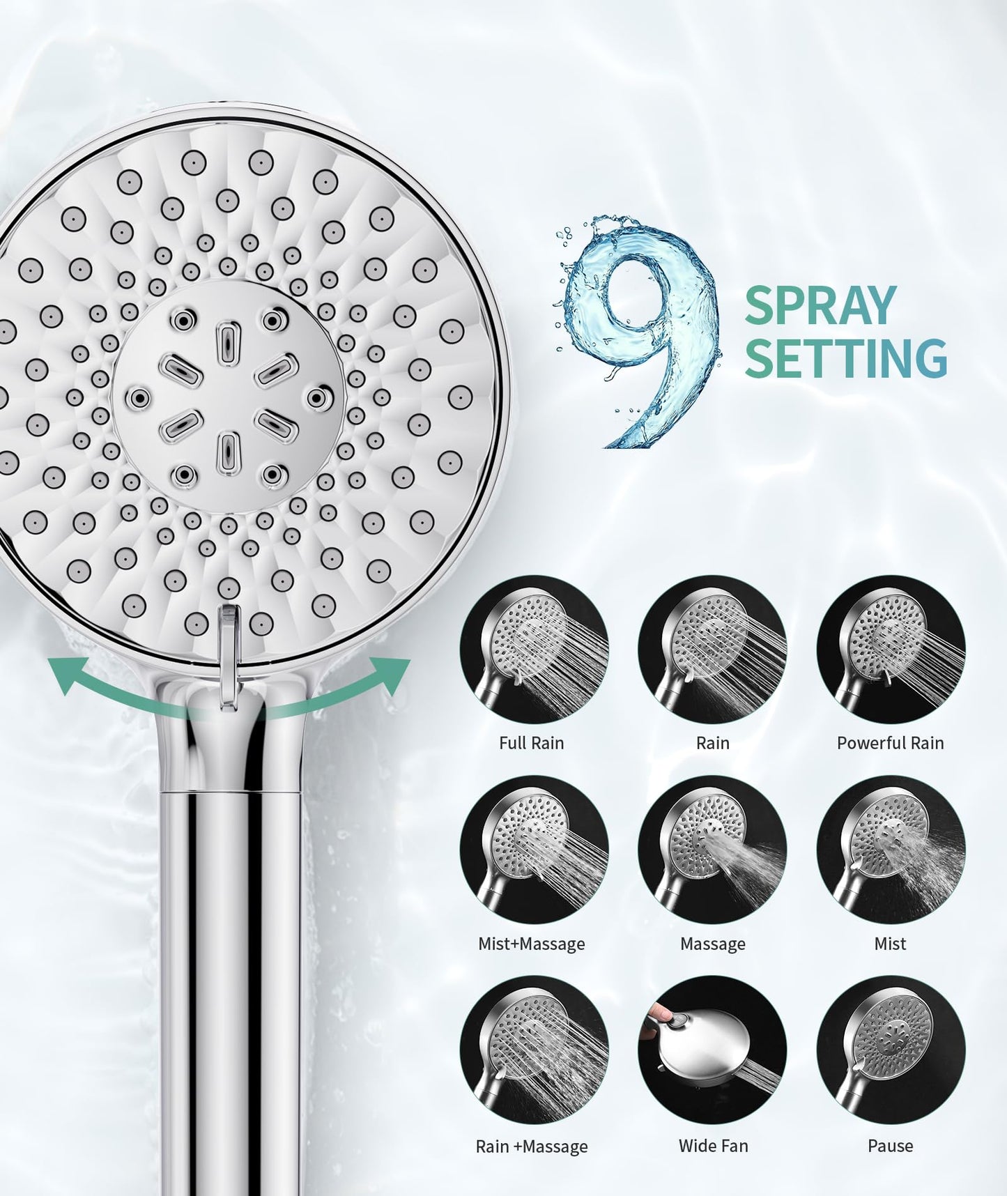SR SUN RISE Filtered Shower Head with Handheld High Pressure 9 Spray Mode Showerhead Detachable Shower Head Water Softener Filters Beads for Hard Water Remove Chlorine 1 Filter Chrome