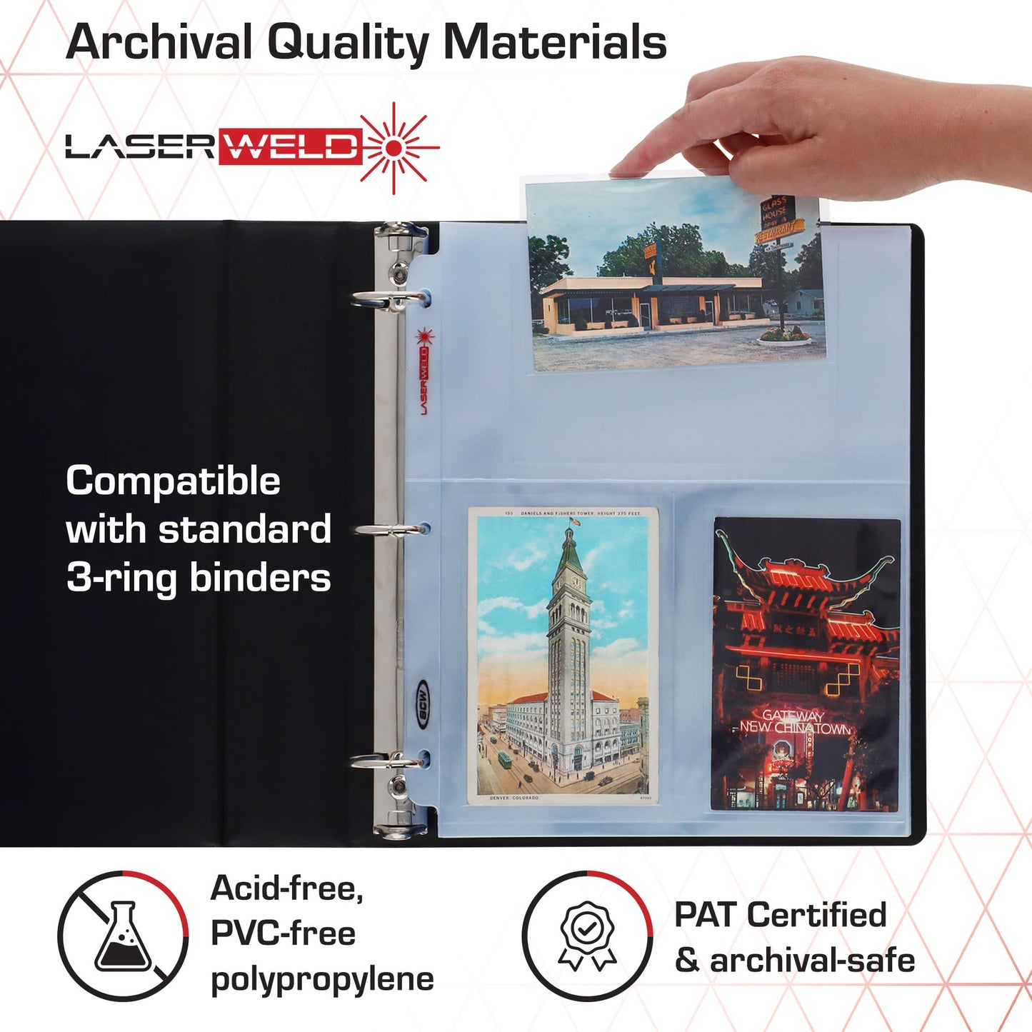 BCW Laserweld 3-Pocket 4x6 Photo Sleeves for 3 Ring Binder | Archival Photo Album Refill Pages | 100 Count