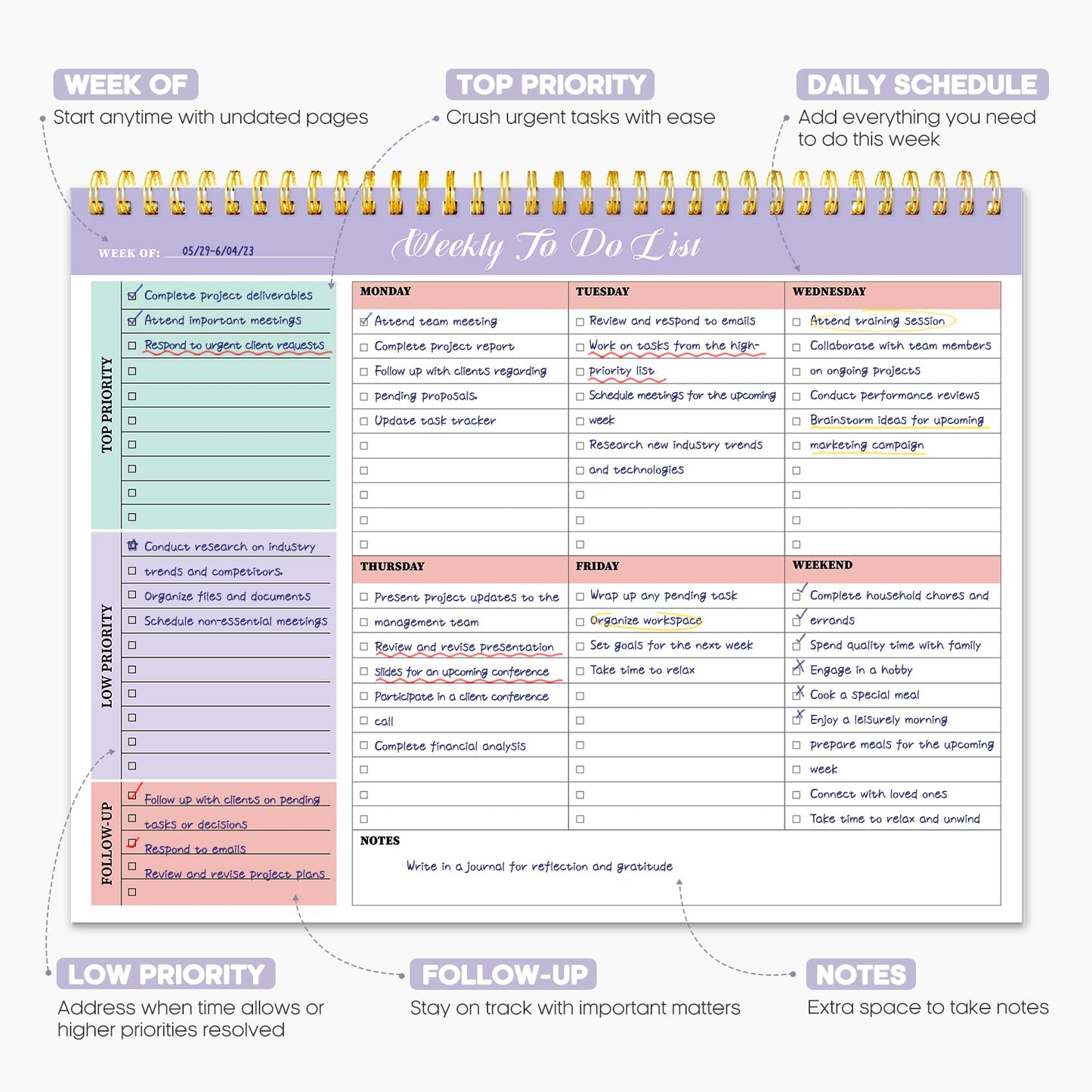 Taja 6 Pack of Weekly To Do List Notepad with 52 Undated Sheets（8.5"×11"）- Weekly Desk Planner for Women & Man, Work and Home - 6 Pack Violet Dream