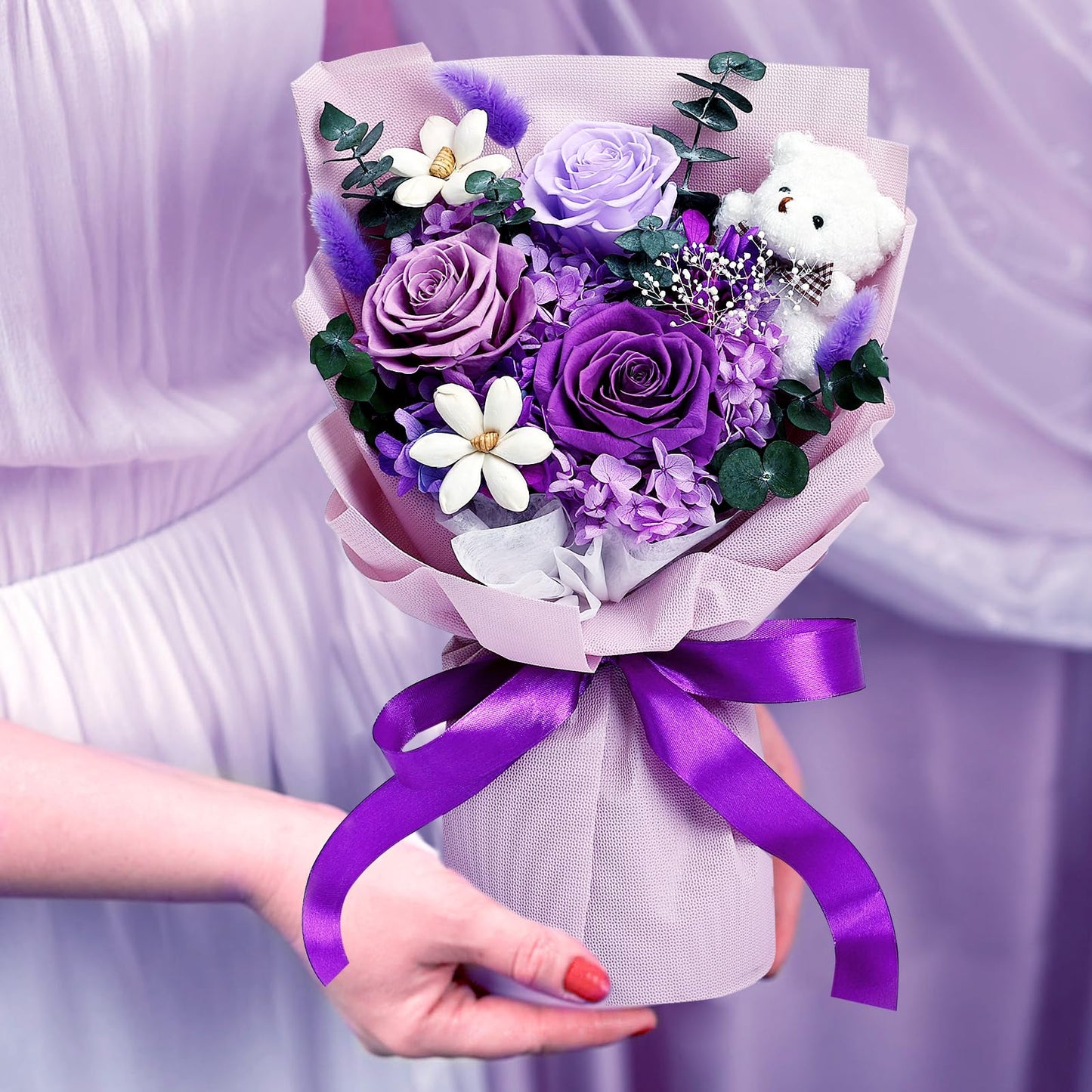 Tobilu Preserved Flowers Bouquet Graduation - Purple Forever Roses with Bear for Graduation Gifts, Anniversary, Birthday, Valentine for Mom Grandma Women Wife - Purple