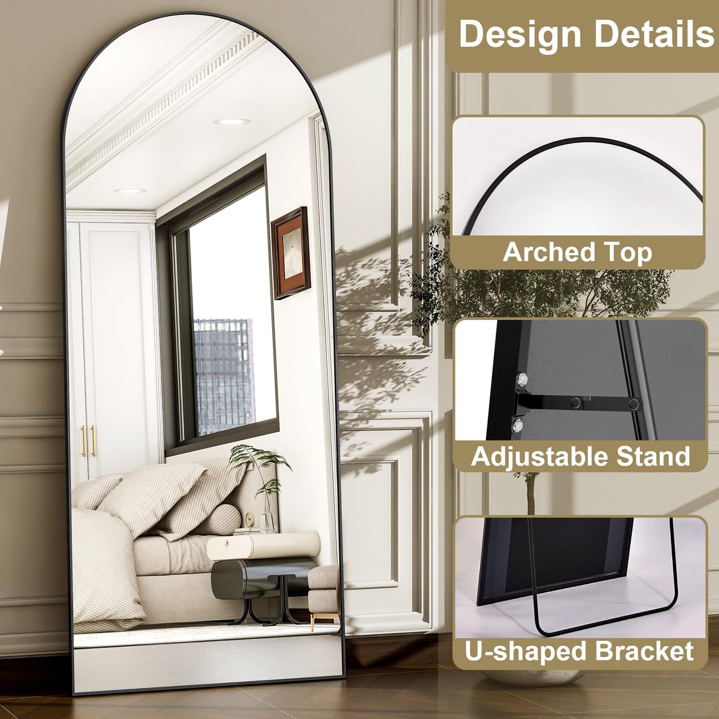 WISSMIELS 57" x 20" Arched Full Length Mirror - Wall Mounted/Floor Mirror Aluminum Alloy Frame Full Body Mirrors for Bathroom Living Room Bedroom and Entryway,Black