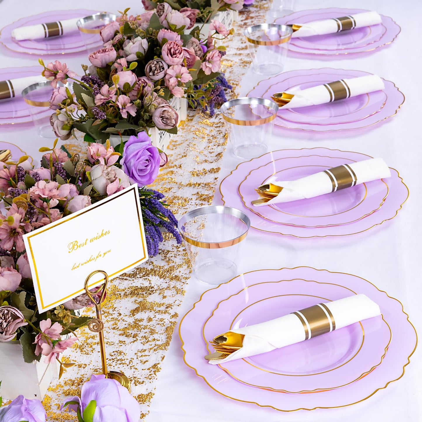 Liacere 175PCS Purple Plastic Plates-Disposable Lavender Plates 25guest Baroque Plastic Dinnerware include 50Plates, 25Pack Pre Rolled Napkins with Silverware 25Cups for Party & Wedding &Mothers Day