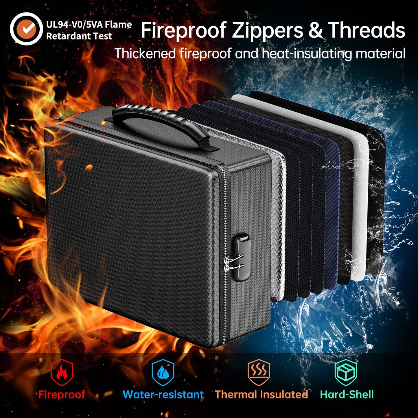 ENGPOW Fireproof Document Box, Hard Case File Box with Fireproof Zipper＆Lock, 6400°F Heat Insulated Fire and Water Resistant Portable File Organizer Storage Home Safe for Documents Laptop Cash Black