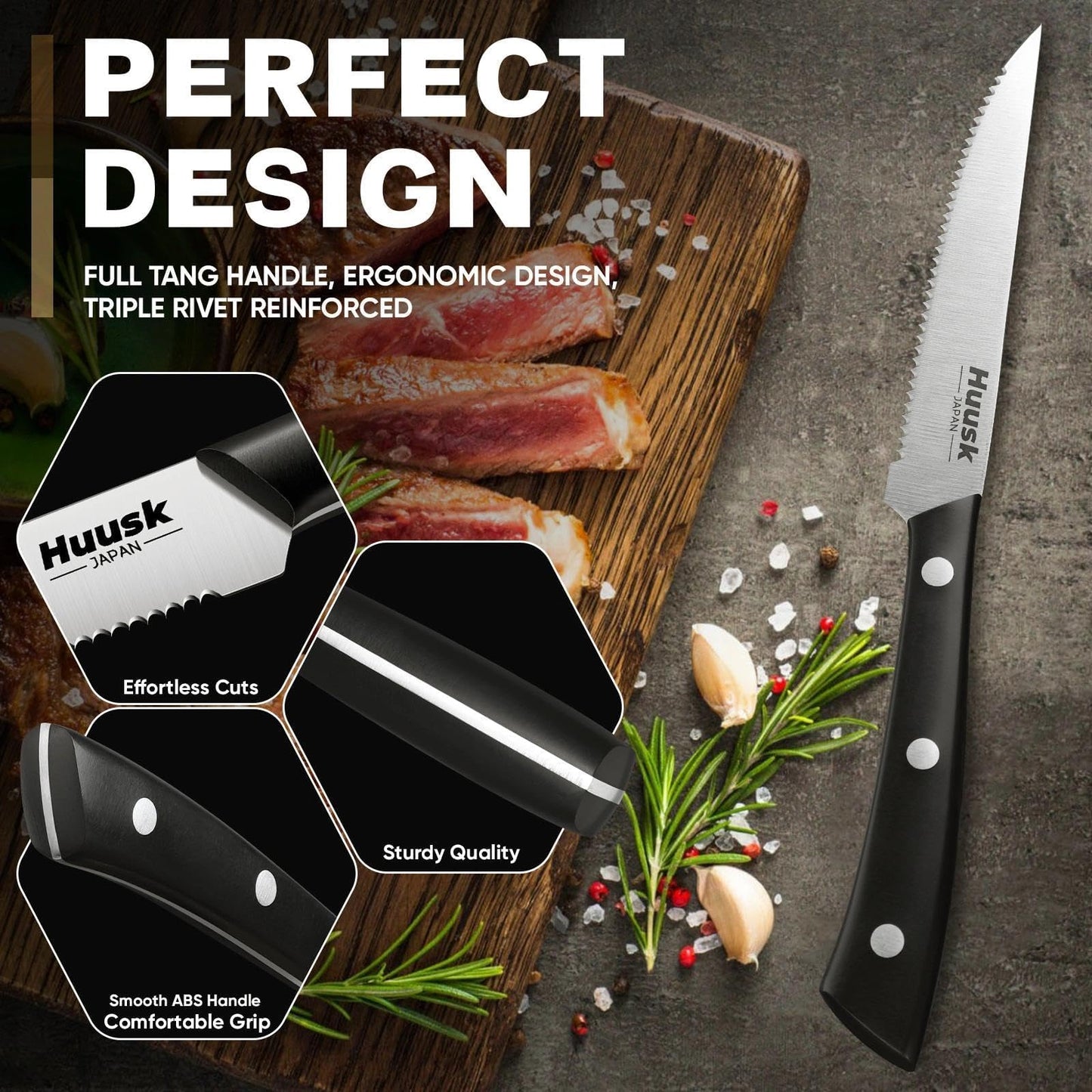 Huusk Steak Knives Set of 6, Sharp Serrated Steak Knives with Full Tang Handle, Japanese Stainless Steel Stake Knife Set for Dinner Kitchen Table, Birthday Gifts Box for Men Women