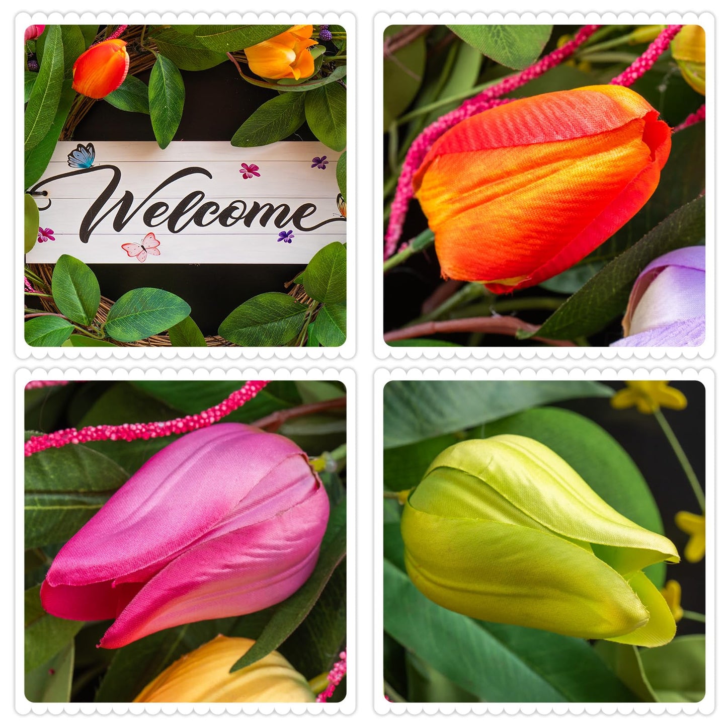 Summer Spring Wreaths for Front Door 26 Inch, Tulip Spring Summer Wreath with Welcome Sign, Artificial Floral Spring Door Wreath for Outdoor Front Door, Farmhouse Seasonal Summer Wreath