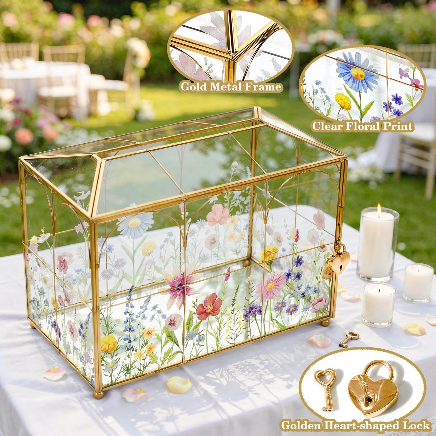 AerWo Glass Wedding Card Box with Lock, Gold Rim Gift Card Box for Wedding with Flower Patterns, Clear Wedding Card Boxes for Reception Memory Money Box for Graduation Baby Shower Birthday Party Decor