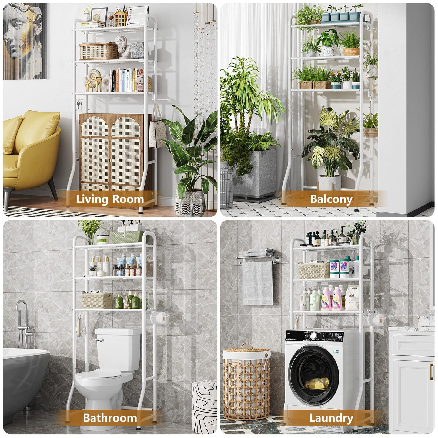 Simple Trending Over The Toilet Storage Rack, Metal 3 Tier Bathroom Organizer Shelf with Paper Holder and 3 Hooks, Freestanding Shelf Space Saver Above Toilet, White