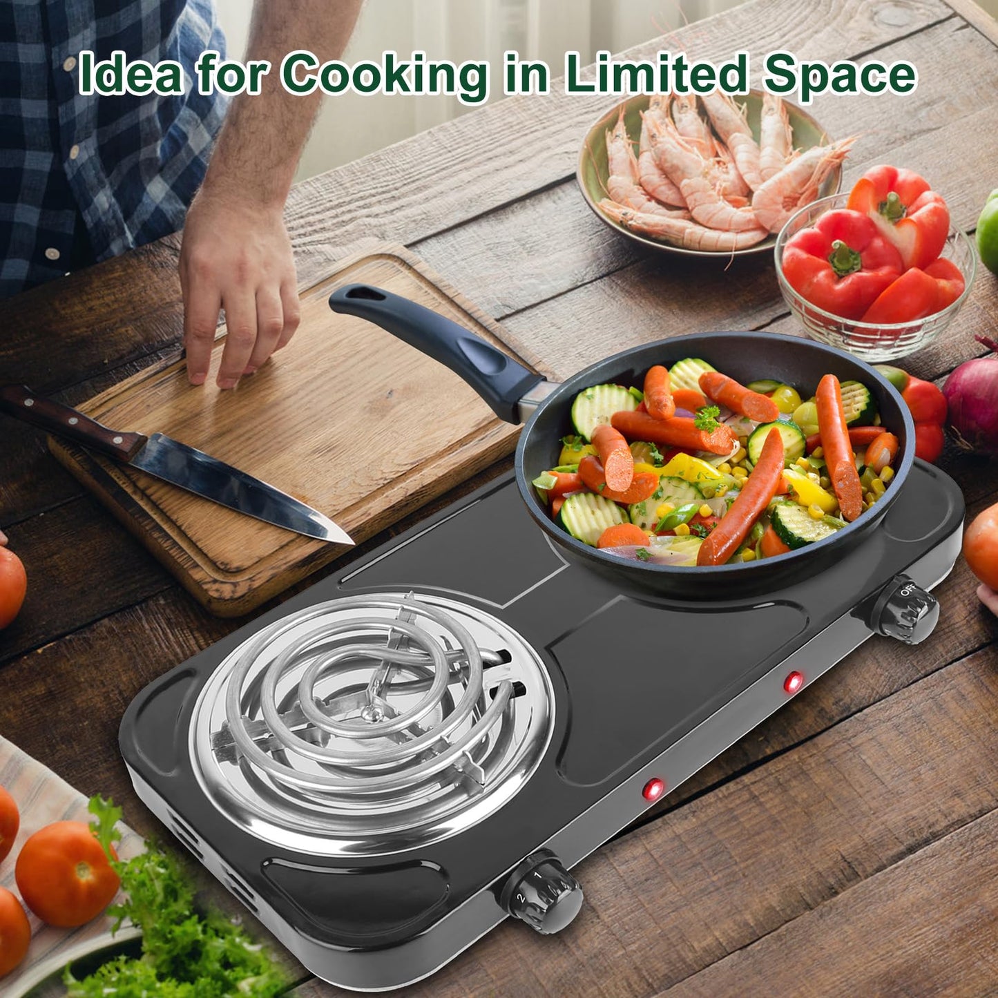 Double Burner Cooktop, 2000W Portable Electric Stove, 5 Level Temperature Control, 6” Heating Coil, Easy to Clean, Power Indicator Lights, Coil Hot Plate for Home Dorm Camping Cooking