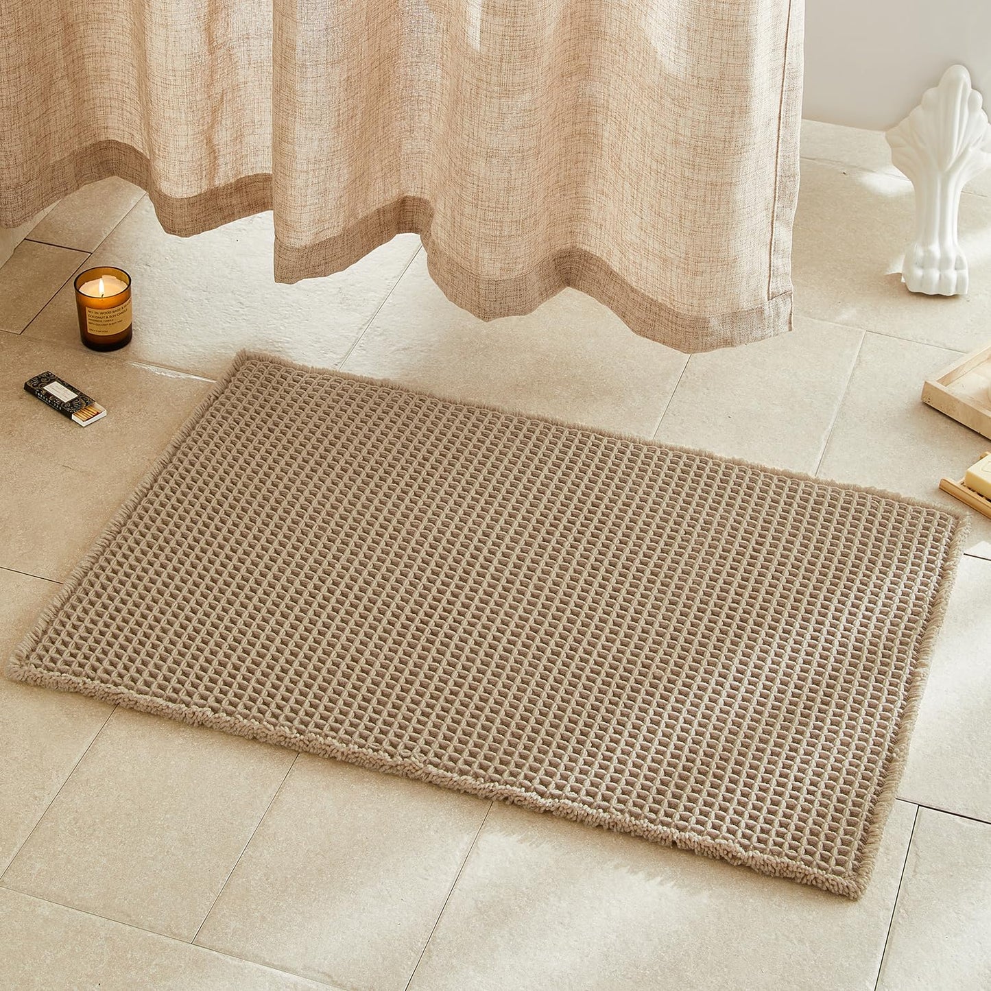 TYUU Waffle Bath Mat, Boho Bathroom Rugs Non Slip Washable Super Absorbent Quick Dry Farmhouse Bathroom Decor, 36"x24" / 3' x 2' Khaki