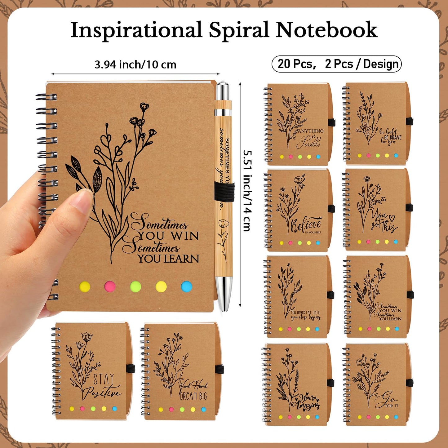 Watersay 20 Set End of Year Gifts for Teacher Students Bulk Inspirational Notebooks with Thank You Pens Employee Coworkers Staff Appreciation Gifts Volunteer Women Men (Boho Froal)