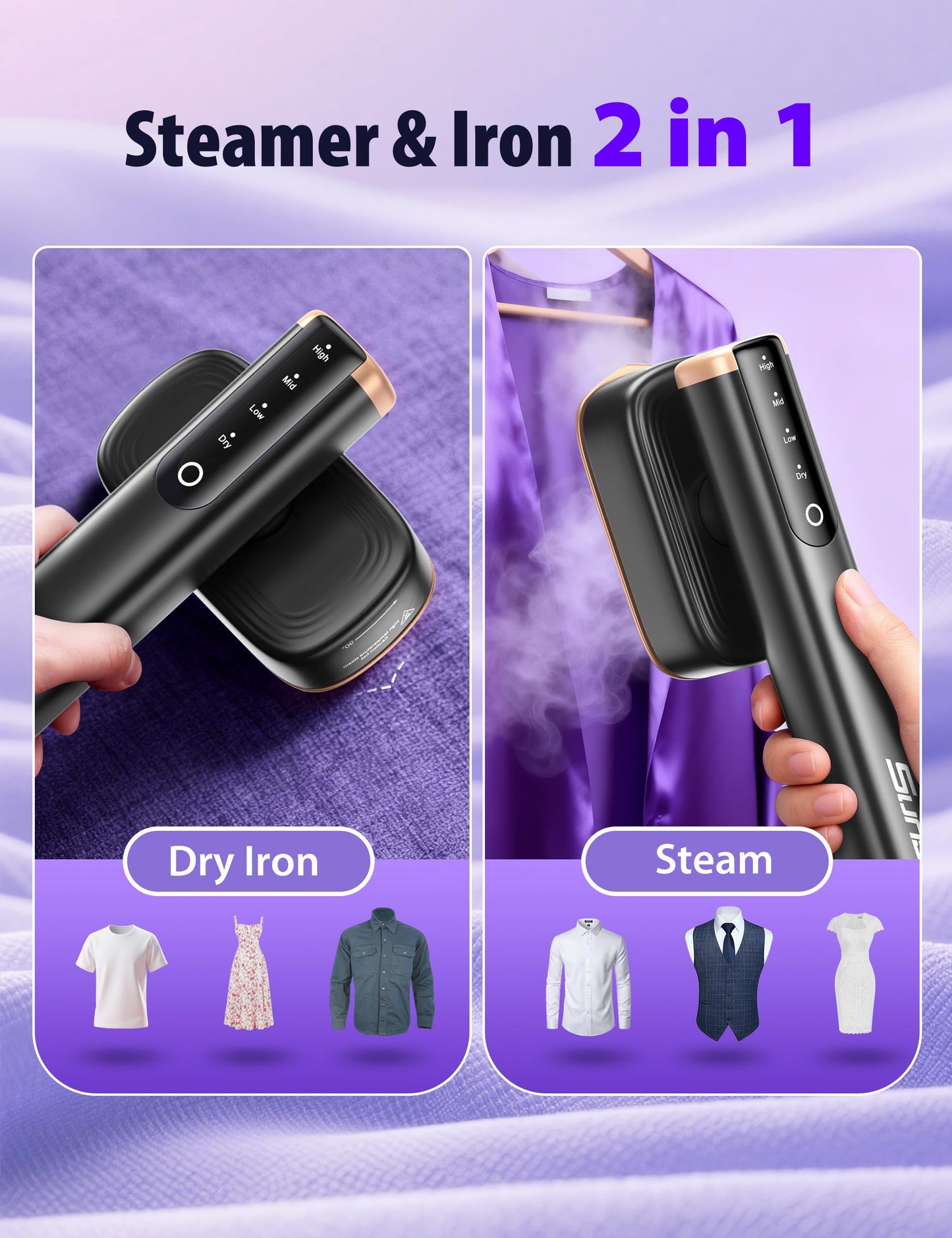 Travel Steamer for Clothes with 180 ml Water Tanks,15s Fast Heat-up,24 g/min Strong Steam Performance, Portable Garment Steamer with Touch Control, LED Display, Steam Iron(Black Gold)