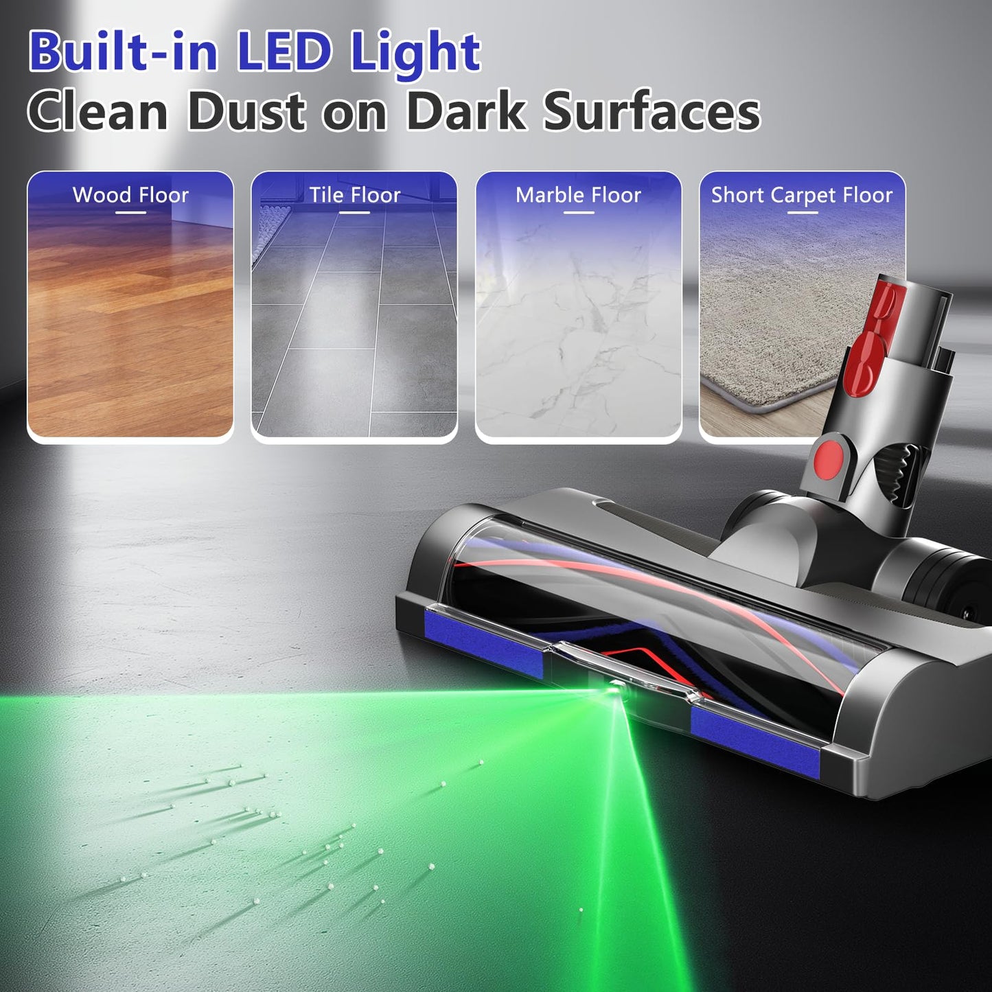 LED Green Light Vacuum Head Replacement for Dy-son V7 V8 V10 V11 V15 Cordless Vacuum Cleaner, Quick Release Head Attachments with 2 Pack Anti-Tangle & Soft Motorhead Roller Brushes