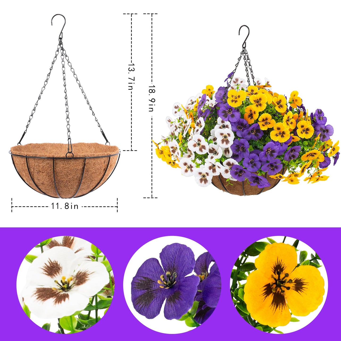lovemoon 2 Sets Artificial Hanging Pansy Flowers with Baskets, 24 Pcs UV Resistant Faux Silk Pansy Outdoor Hanging Flower for Porch Patio Garden Home Spring Decor (2, White,Yellow,Purple)