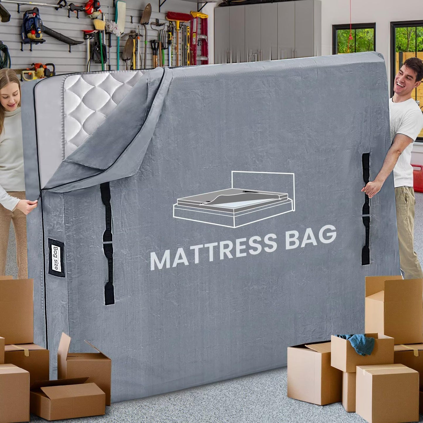 Mattress Bags for Moving and Storage, BETU Queen Mattress Protector Waterproof Mattress Cover with 8 Heavy Duty Handles and Zipper Extra Thick Moving Supplies for Bed Reusable (82x62x13.5 Grey)