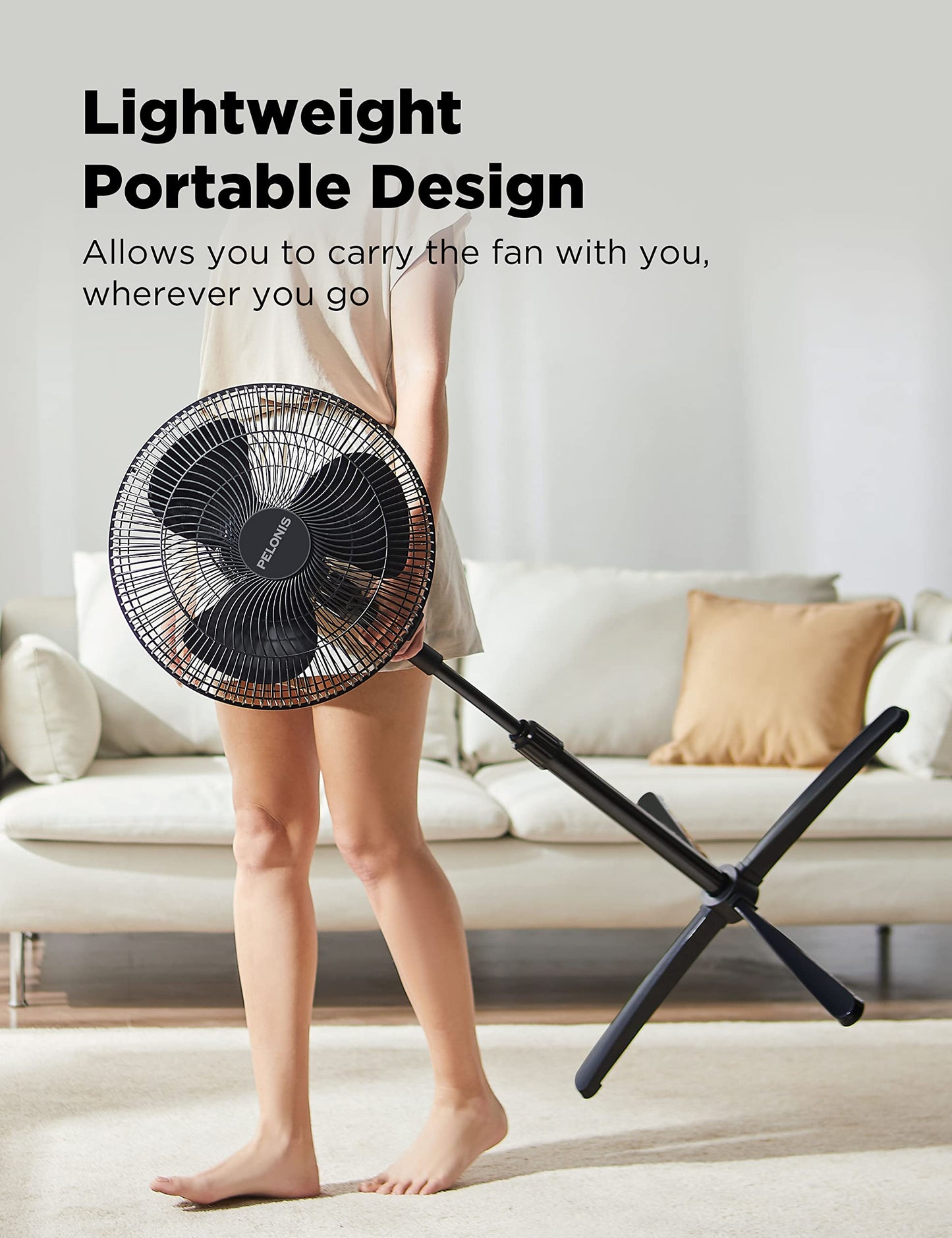 PELONIS 16 inch Pedestal Fan for Bedroom , Oscillating Fan, 3-Speeds, 90° Oscillation, Adjustable Height, Floor Fan, Standing Fan for Living Room, Kitchen, and Home office, Black