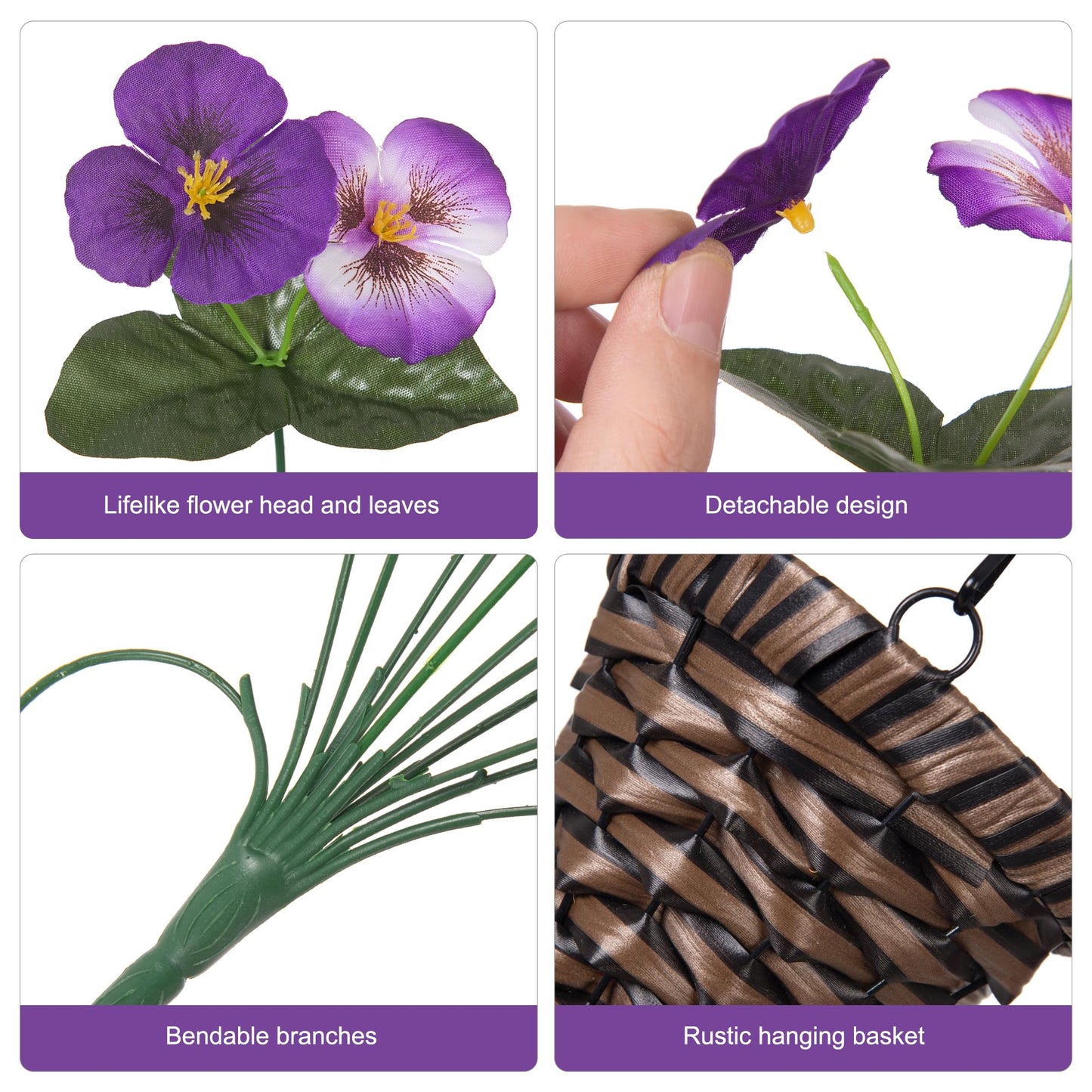 HyeFlora 4pcs Artificial Flowers for Outdoors Fake Pansy with Hanging Basket UV Resistant Silk Spring Faux Flowers for Outside Front Door Porch Yard (Mix Purple)