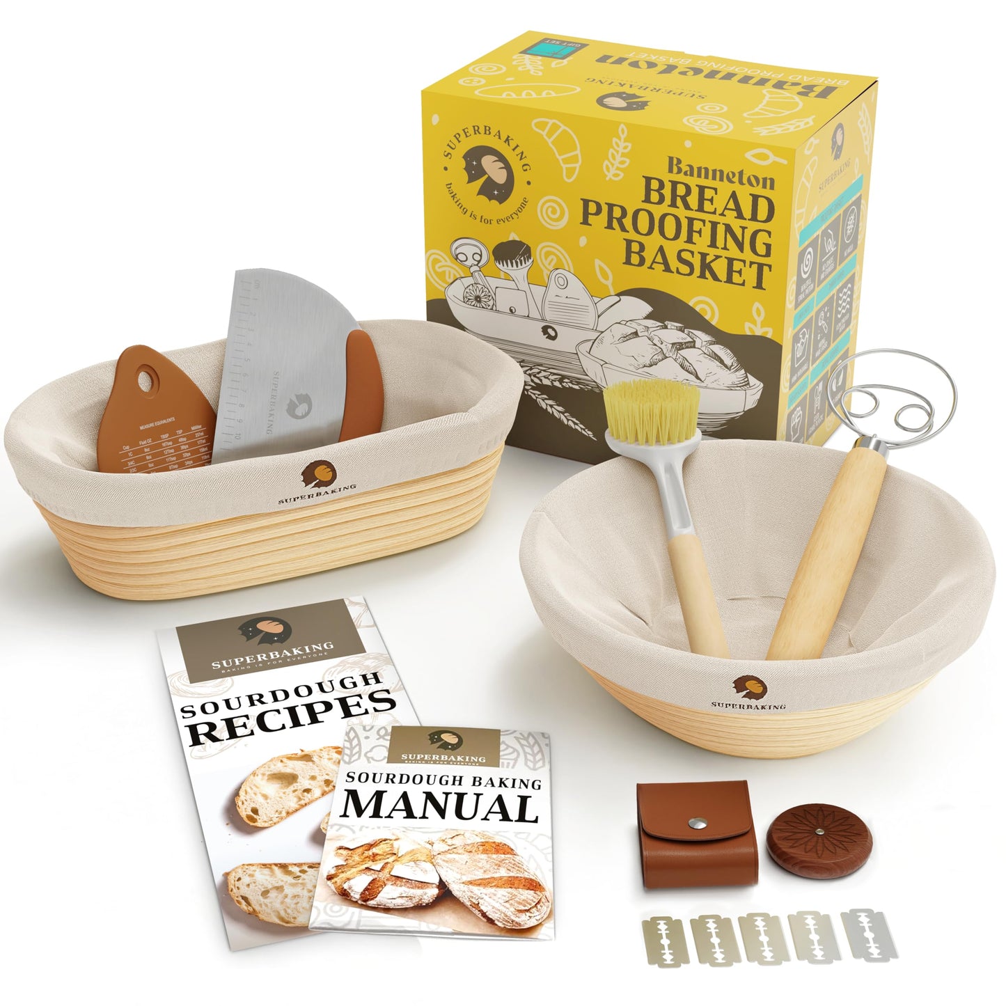 Superbaking Sourdough Proofing Basket Gift Set, Round 9" & Oval 10" Banneton, Sourdough Starter Kit, Sourdough Banneton Basket, Banneton Bread Proofing Basket Set of 2, Sourdough Bread Baking Supplies