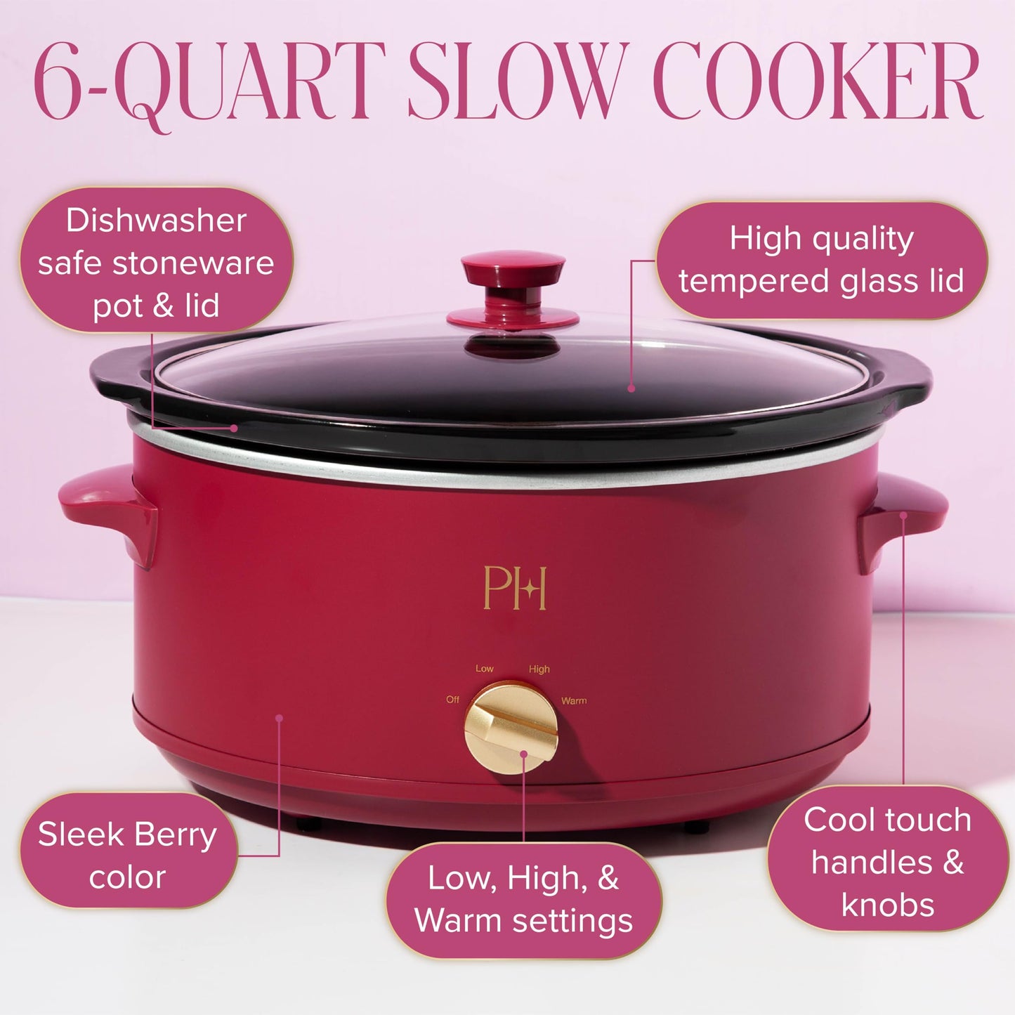 Paris Hilton 6-Quart Manual Slow Cooker, Naturally Nonstick Stoneware Ceramic Insert, Three Settings (Low, High, Warm), Dishwasher Safe Family Size Slow Cooker, Berry