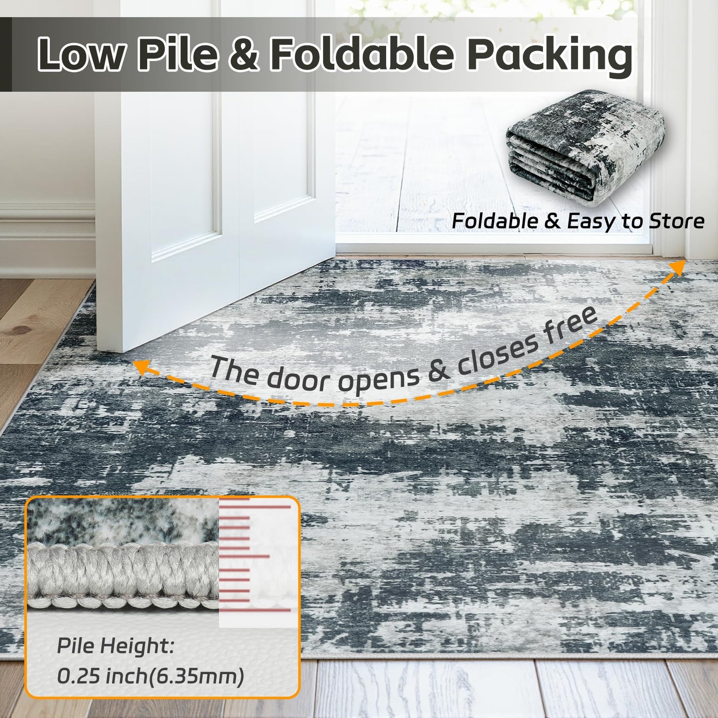 5x7 Area Rugs for Living Room Washable: Abstract Soft Thin Low Pile Black Rug, Indoor Floor Non Slip Stain Resistant Modern Carpet for Bedroom Nursery Farmhouse Dining Room Home Office (Black, 5'x7')