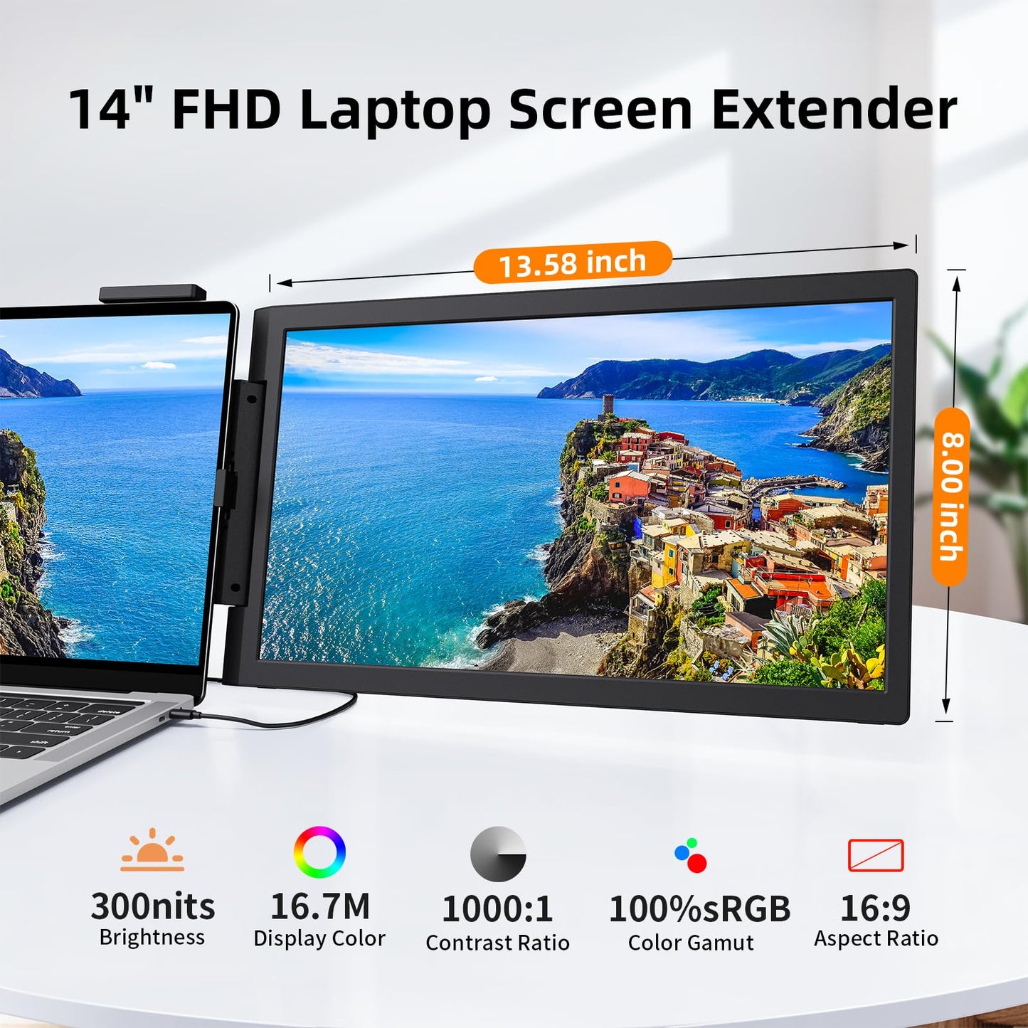 MAGICRAVEN Laptop Screen Extender, 14" 1080P IPS Portable Monitor Travel Monitor for 14-16.5" Laptops with USB-C/HDMI Port, Plug and Play Attachment Screen for Windows/Mac/Android/Switch/PS5/Xbox