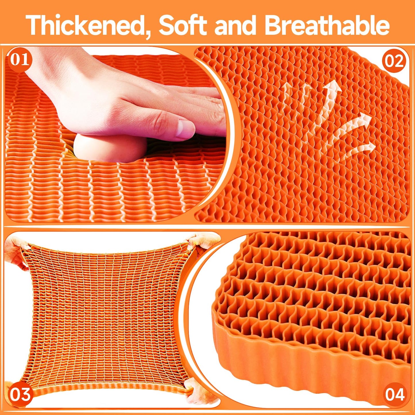 Innovative Gel Seat Cushion for Long Sitting, Breathable Grid Seat Cushion, Soft Cooling Support Chair Cushion for Office, Wheelchair, Car, Gel Cushion for Back, Sciatica,Tailbone Pain Relief.(orange)