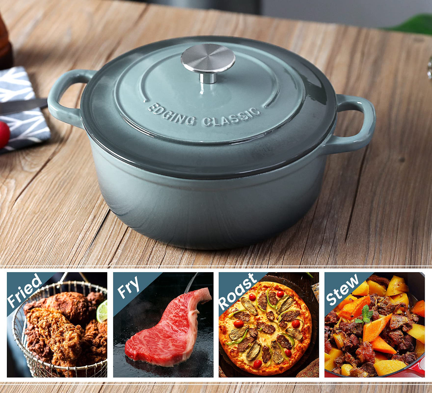 EDGING CASTING Enameled Cast Iron Round Dutch Oven with Lid Dual Handle Pot Bread Ovens, 7 Quart, Slateblue