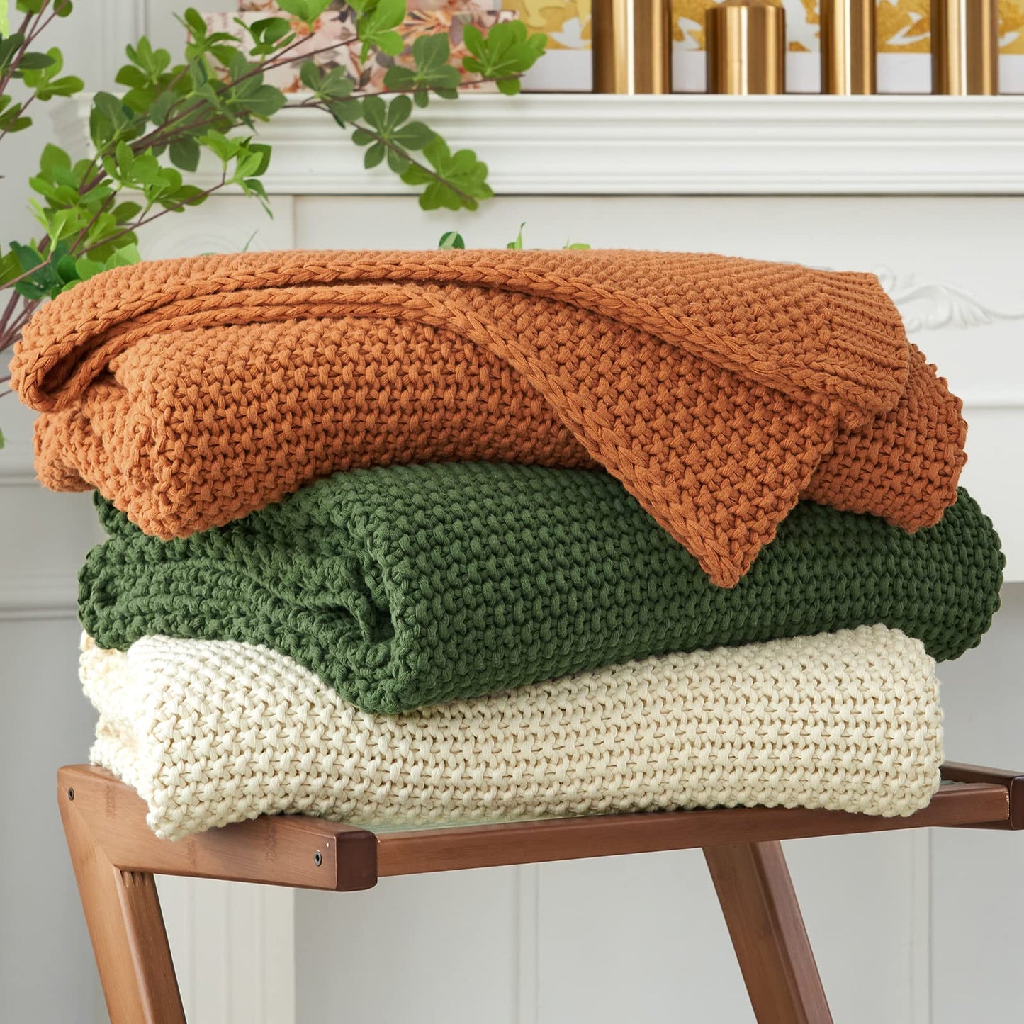 Chunky Cable Knit Throw Blanket Lightweight Beige 100% Organic Cotton Blanket for Sofa Couch Bed Baby Nursery, Rustic Shabby Chic Modern Farmhouse, 60” x 80”