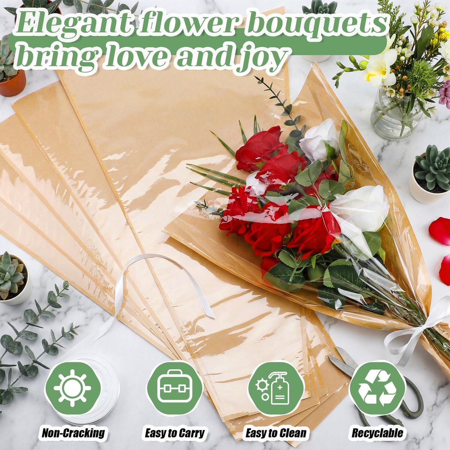 LemonRoad 60 Pcs Flower Bar Buckets Set Kit Include Clear Kraft Flower Bouquet Gift Bags Wrapping Sleeves, 9.84' Plastic Flowers Bucket, Scissors Ribbon for Bar Supplies Wedding Bridal Shower Decor