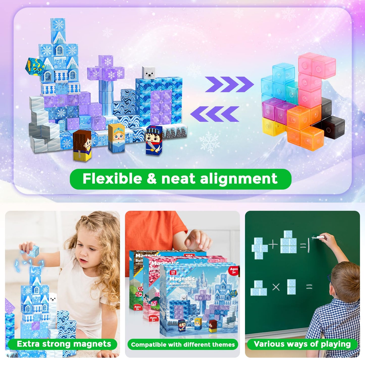Magnetic Blocks - 100Pcs 0.8in Magnetic Building Block for Kids Ages 4-8, Transparent Magnet Block for Blue Princess Castle Build, Magnet Cubes Tiles Princess Toy for Girl 3 4 5 6 7 8-12 Birthday Gift