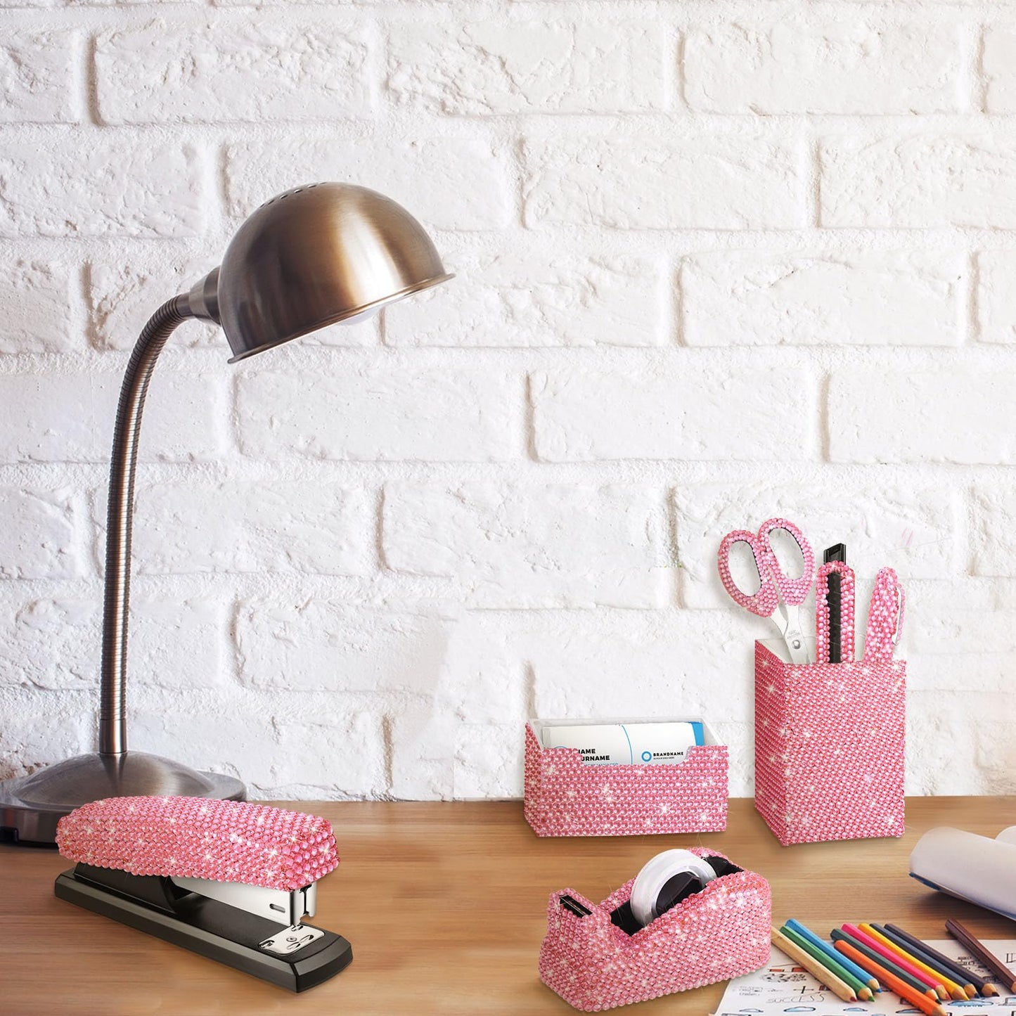 Demissle Pink 7 Pieces Bling Desk Accessories Set Glitter Crystal Office Stationery Kit for Women Diamond Tape Dispenser Rhinestone Stapler Cardholder Pencil Pot Holder Scissor Ballpoint Knife
