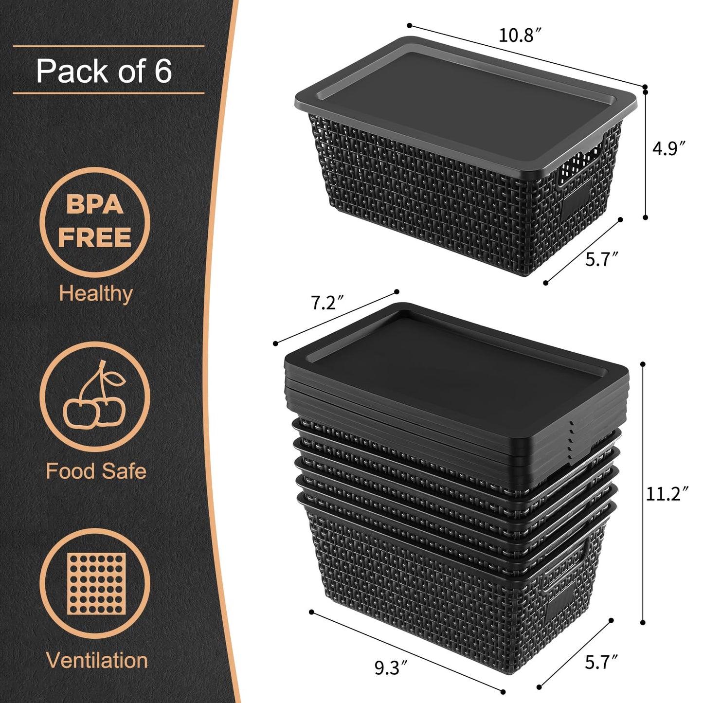Storage Bins with Lids | Plastic Storage Baskets with Lids for Office Organization,Stackable Organizing Bins with Latching Design, Easy-Clean Boxes for Home, Office, Toys & Classroom Supplies, 6 packs