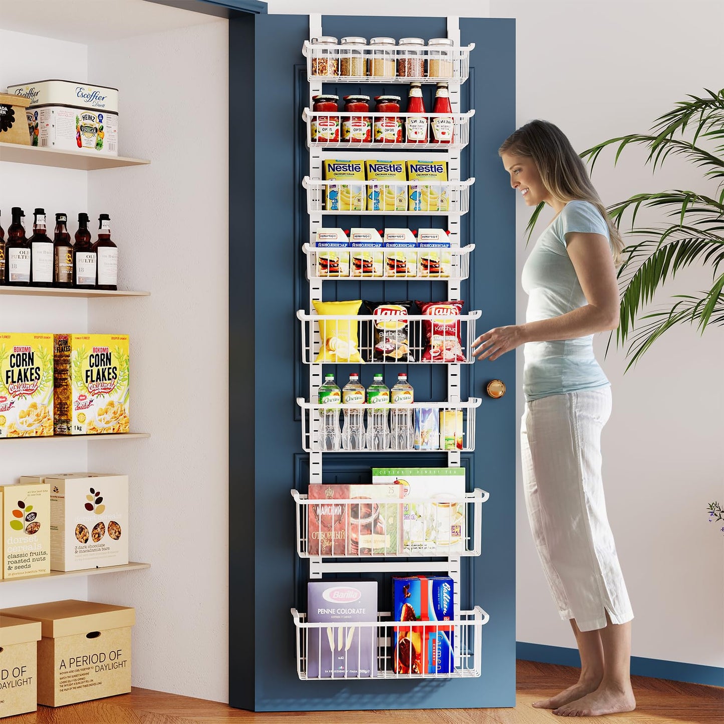 Over The Door Pantry Organizer, 8-Tier Over The Door Organizer with Adjustable Baskets, Metal Hanging Spice Rack for Pantry Organizers and Storage, Suitable for Kitchen Laundry Room & Bathroom, White