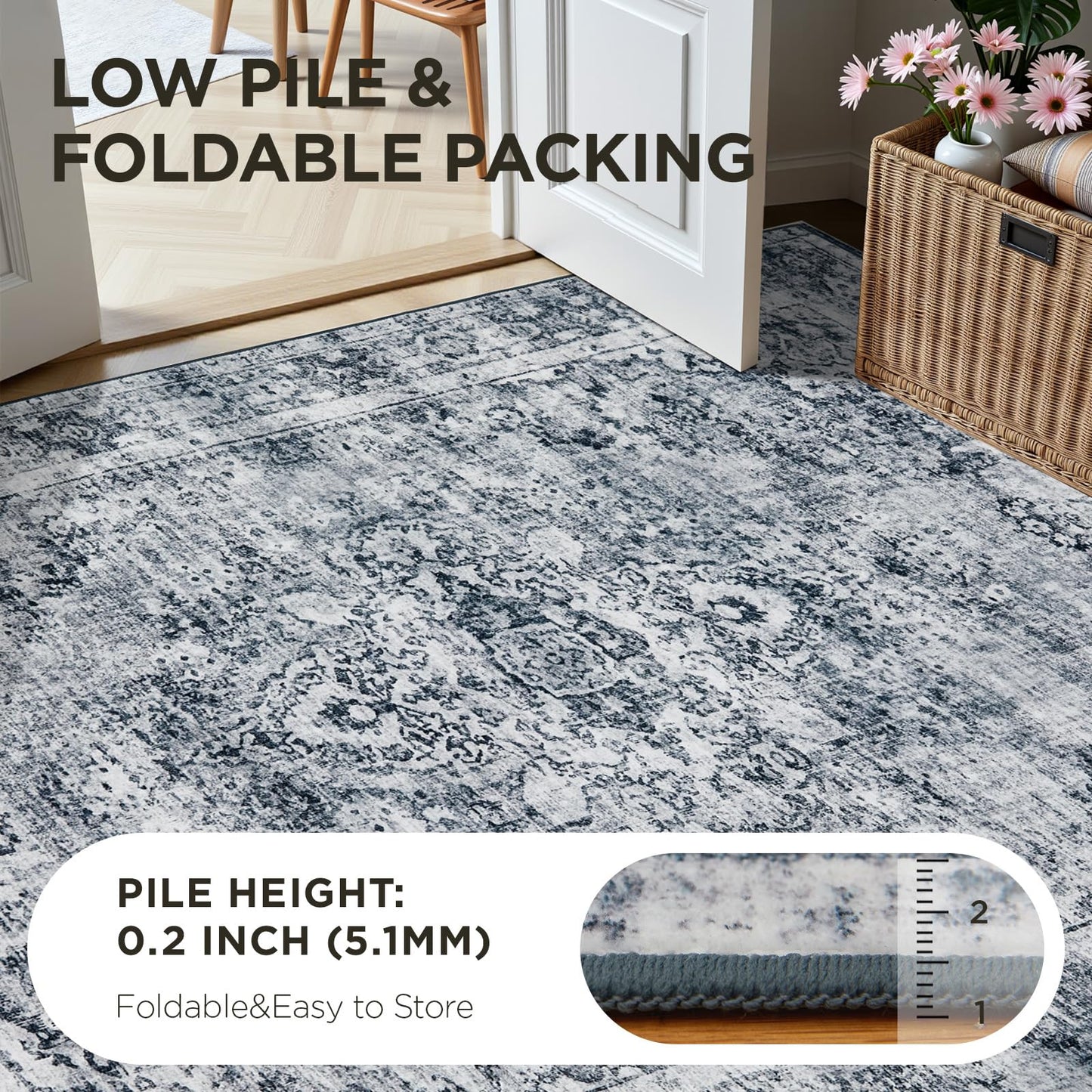 Joydeco 5x7 Area Rugs for Living Room, Machine Washable Vintage Area Rugs, Low Pile Non Slip Carpet, Lightweight Chenille Print Rug for Bedroom, Dining Room, Home Office, Light Grey