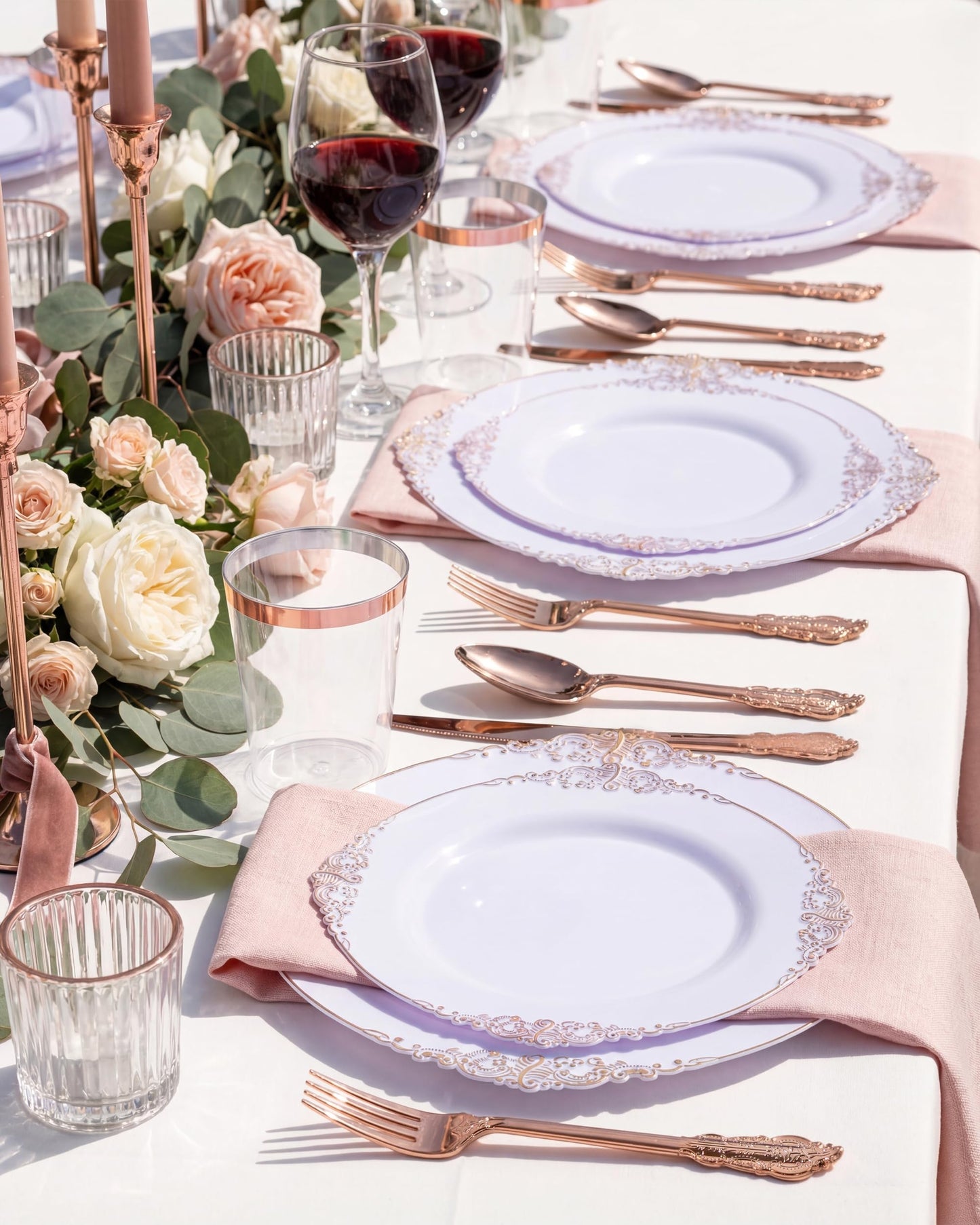Morejoy 100 Pieces Rose Gold Plastic Plates - Rose Gold Disposable Plates - 10.25inch White Plastic Dinner Plates With Rose Gold Rim for Weddings & Parties & Graduation Party