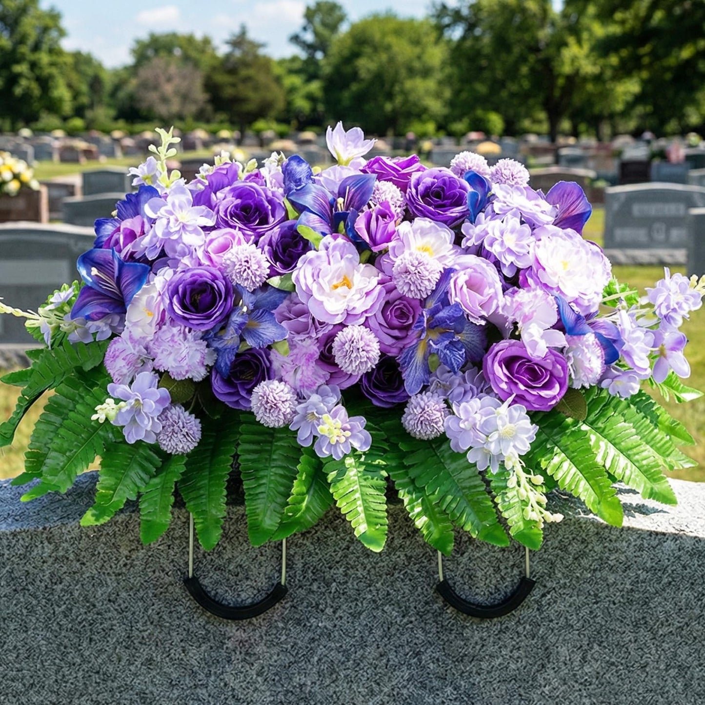 Memobloom Cemetery Flower Saddles for Headstones: Purple Flowers Artificial Outdoors Grave Decorations Summer Memorial Day - Fake Rose Camellia Tombstone Flowers Saddle for Cemetery Gravestone