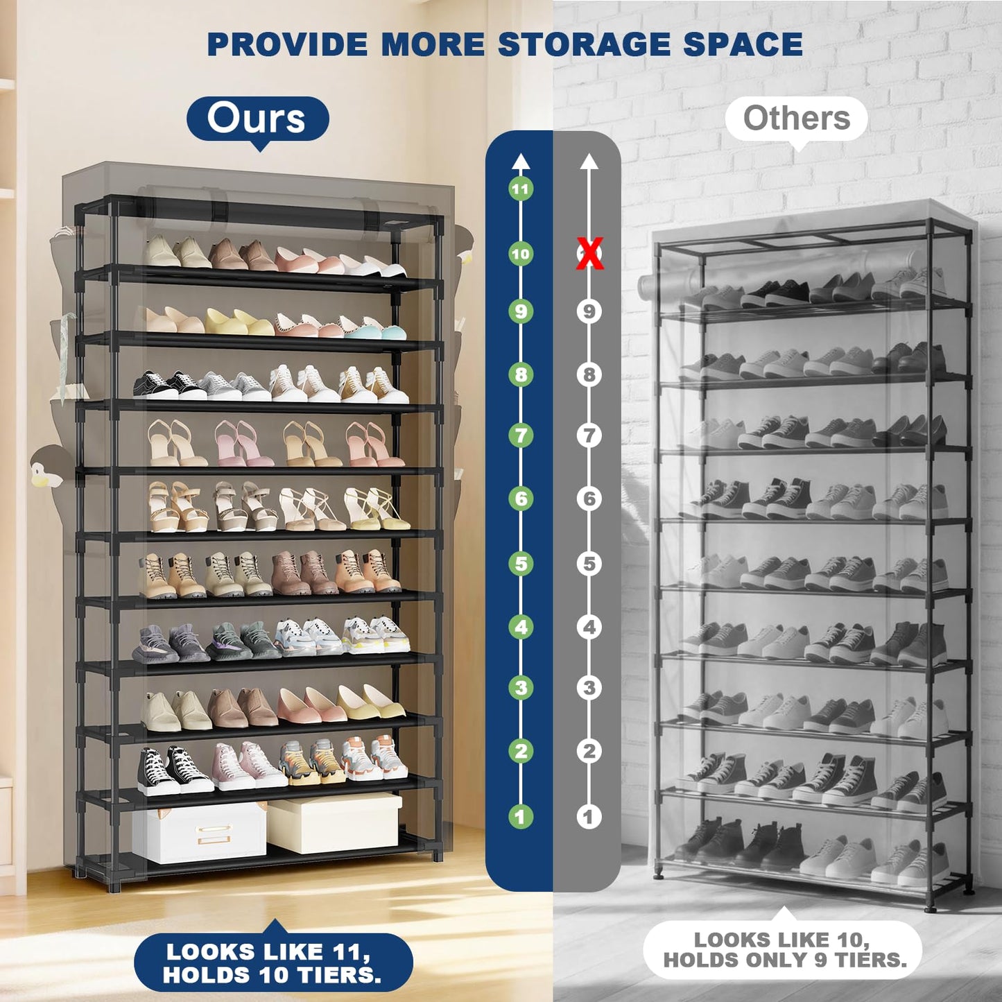 Mavivegue Shoe Rack with Cover, 10+1 Tier Tall Shoe Storage for 50-55 Pairs of Shoes, Shoe Organizer for Entryway, Closet