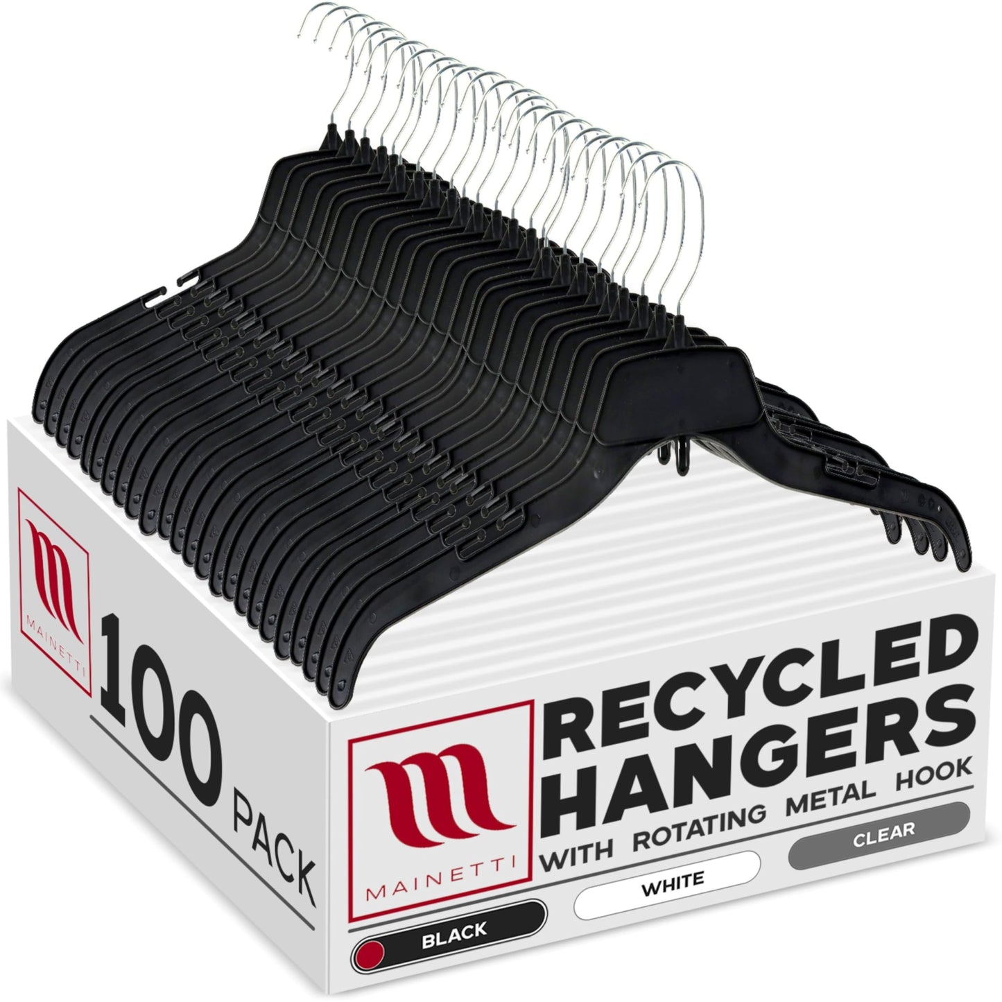 Mainetti 484 Recycled Black Plastic Hangers - 100 Pack with Rotating Metal Hook and Notches for Straps, Great for Shirts/Tops/Dresses, 17-Inch