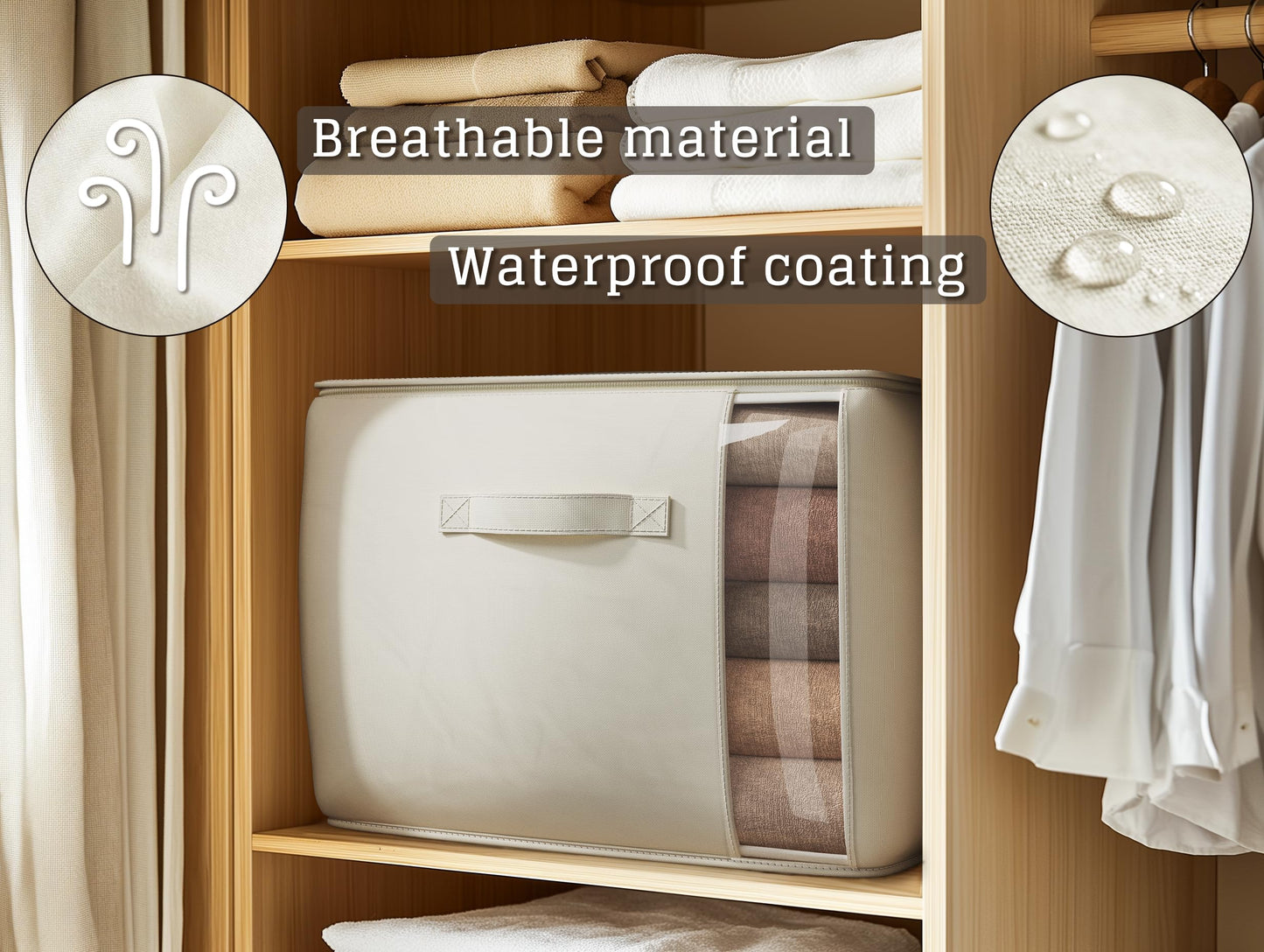TomVista Large Canvas Clothes Storage Bags with Thick Handles and Clear Window, Foldable Cotton Linen Closet Organizer for Clothing, Blankets and Bedding, 70L, 6 Pack, Beige