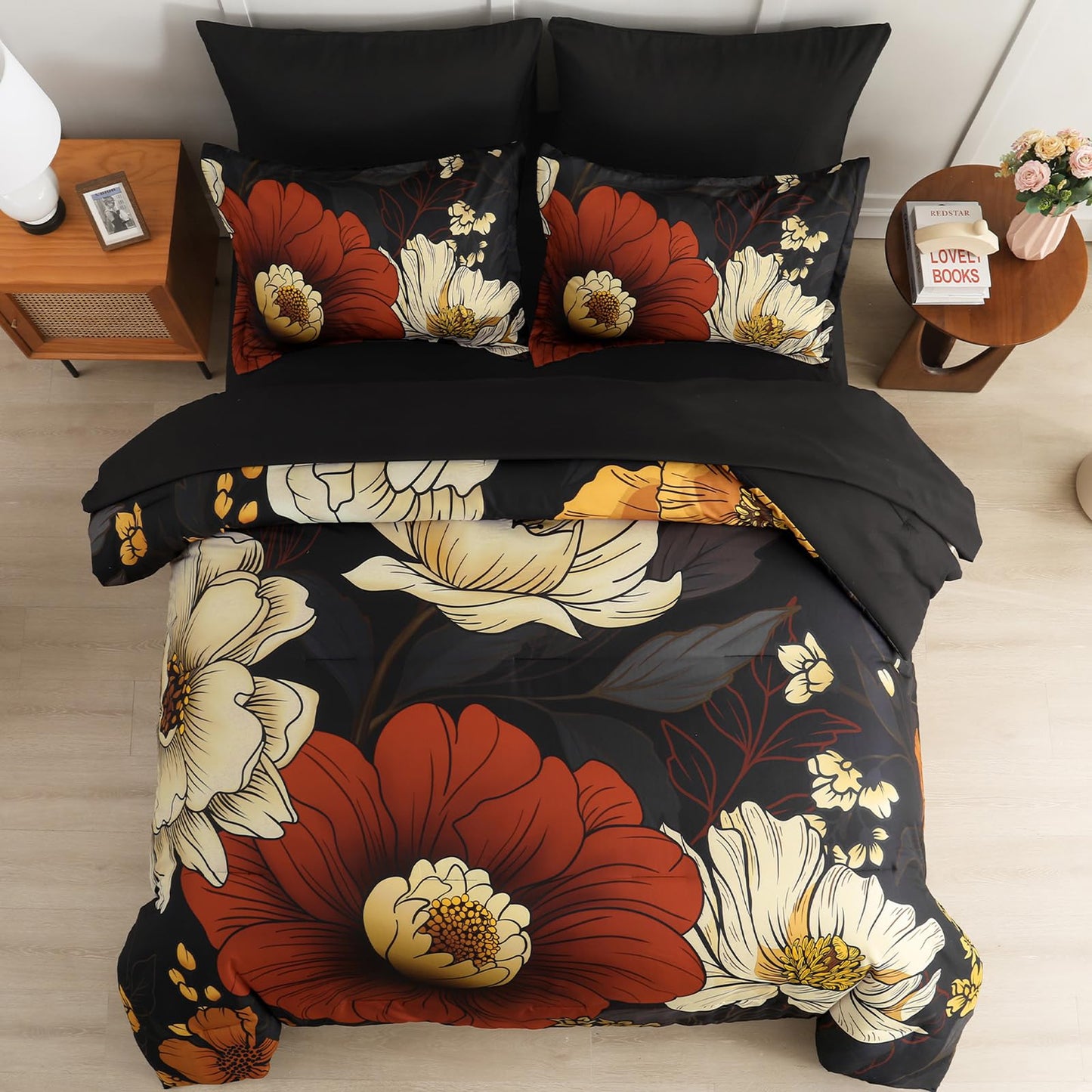 Xruibed Black Floral Comforter Set Queen Size 7 Pieces Bed in a Bag Flower Bedding Sets Lightweight Boho Bed Set with Sheet,Pillowcases&Shams for All Season