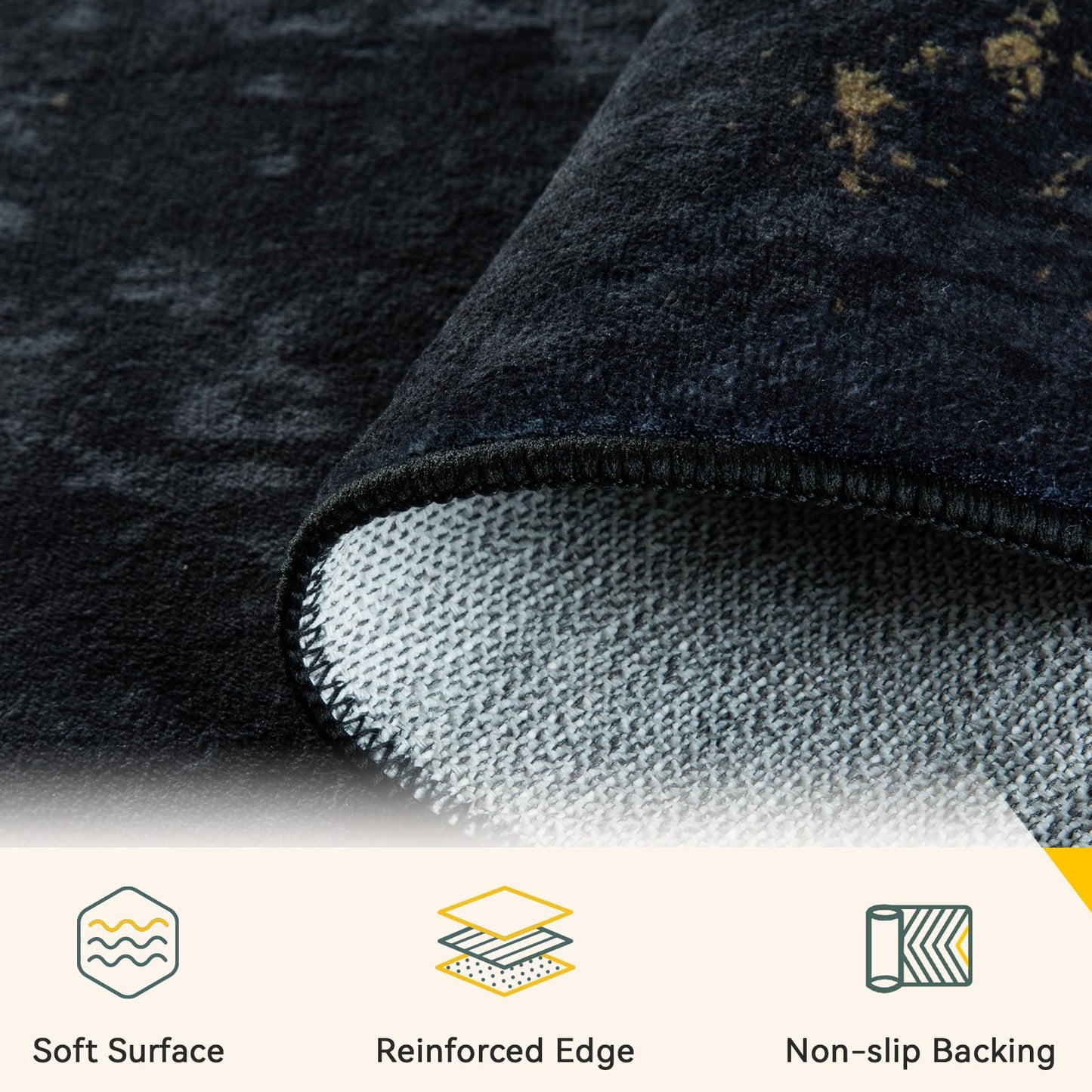 RELEANY Washable Area Rugs 5'x7' Non-Slip Modern Abstract Soft for Living Room Entryway Bedroom Nursery, Print Pattern, Dark Black Gold