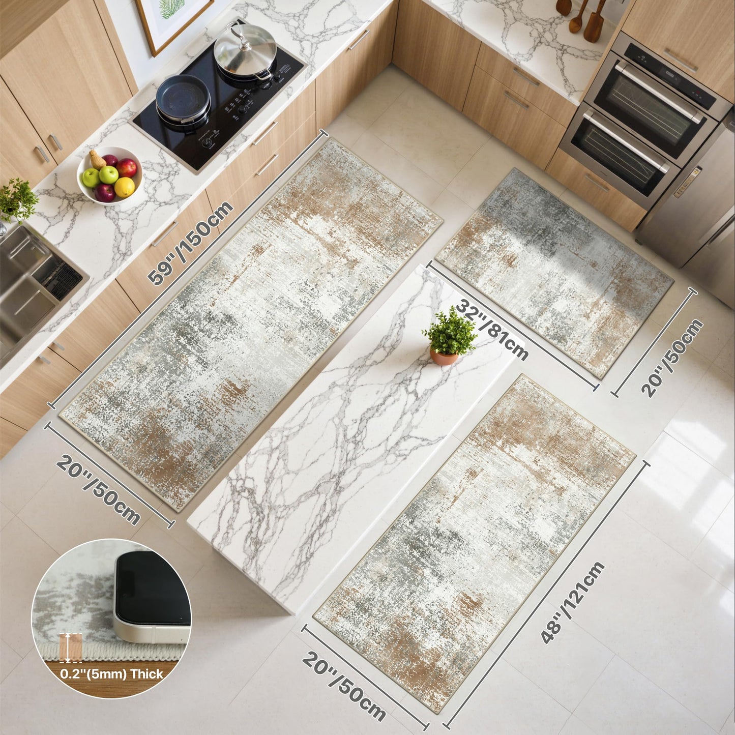 GENIMO Kitchen Rug Sets of 3, Non-Slip Washable Low-Pile Kitchen Mats for Floor, Waterproof Abstract Kitchen Runner Rug, Floor Mat Carpet for Hallway, Laundry, Sink, Entryway, Bathroom, Gold