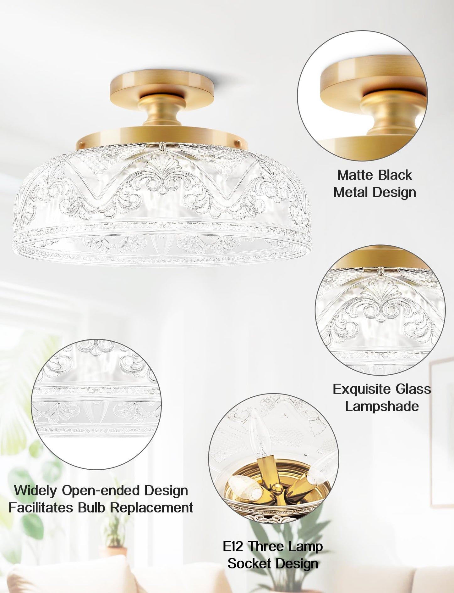 Slypadan Semi Flush Mount Ceiling Light, 12 Inch Large Gold Ceiling Light Fixture, 3-Light Globe Glass Farmhouse Kitchen Lighting Fixtures for Bathroom, Hallway, Dining Room (Bulb Not Included)