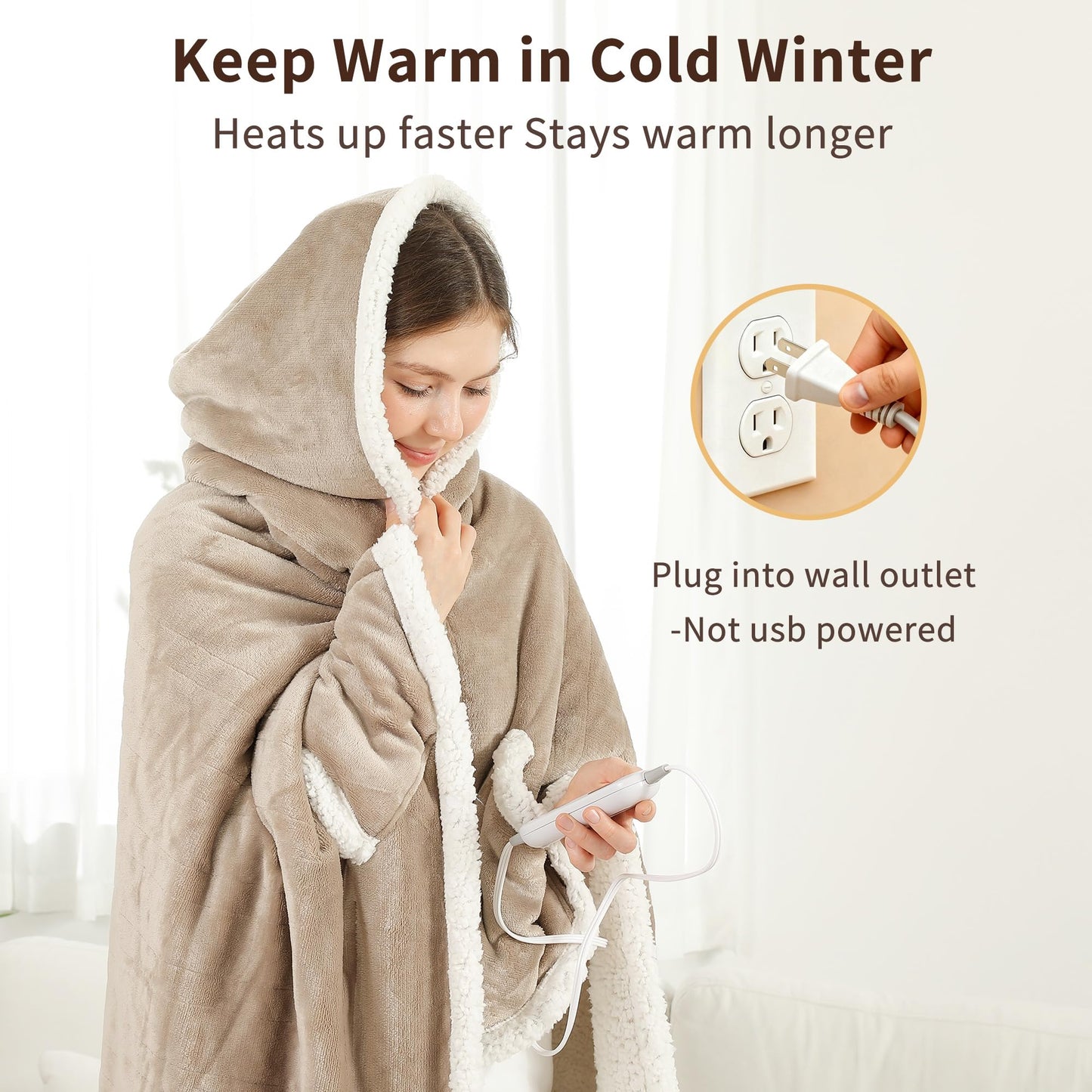 ESTINGO Wearable Heated Blanket Electric Throw, Heated Shawl with 6 Heating Levels and 1-4 Hours Auto Off, Heated Hoodie Women for Mom Women Seniors Grandma 50"×64" Light Beige