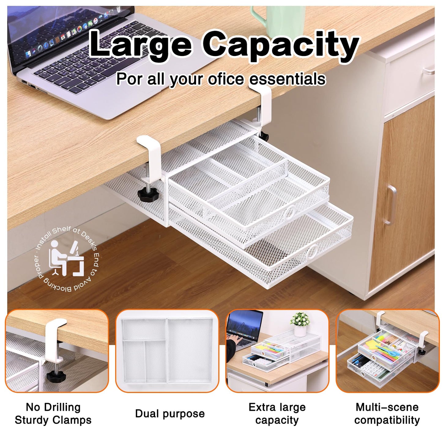 Euyona 2-Tier Clamp-On Mesh Organizer, Under Desk Storage with Slide-Out Tray, No Drilling Tool-Free Installation, Durable Rust-Resistant Metal, Large-Capacity Organizer.