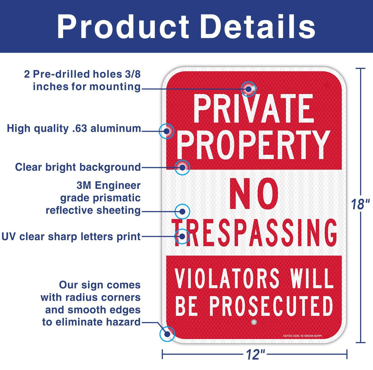 (4 Pack) Private Property No Trespassing Sign, Violators Will Be Prosecuted, 18 x 12 Engineer Grade Reflective Sheeting Rust Free Aluminum, Weather Resistant, Waterproof, Durable Ink, Easy to Mount