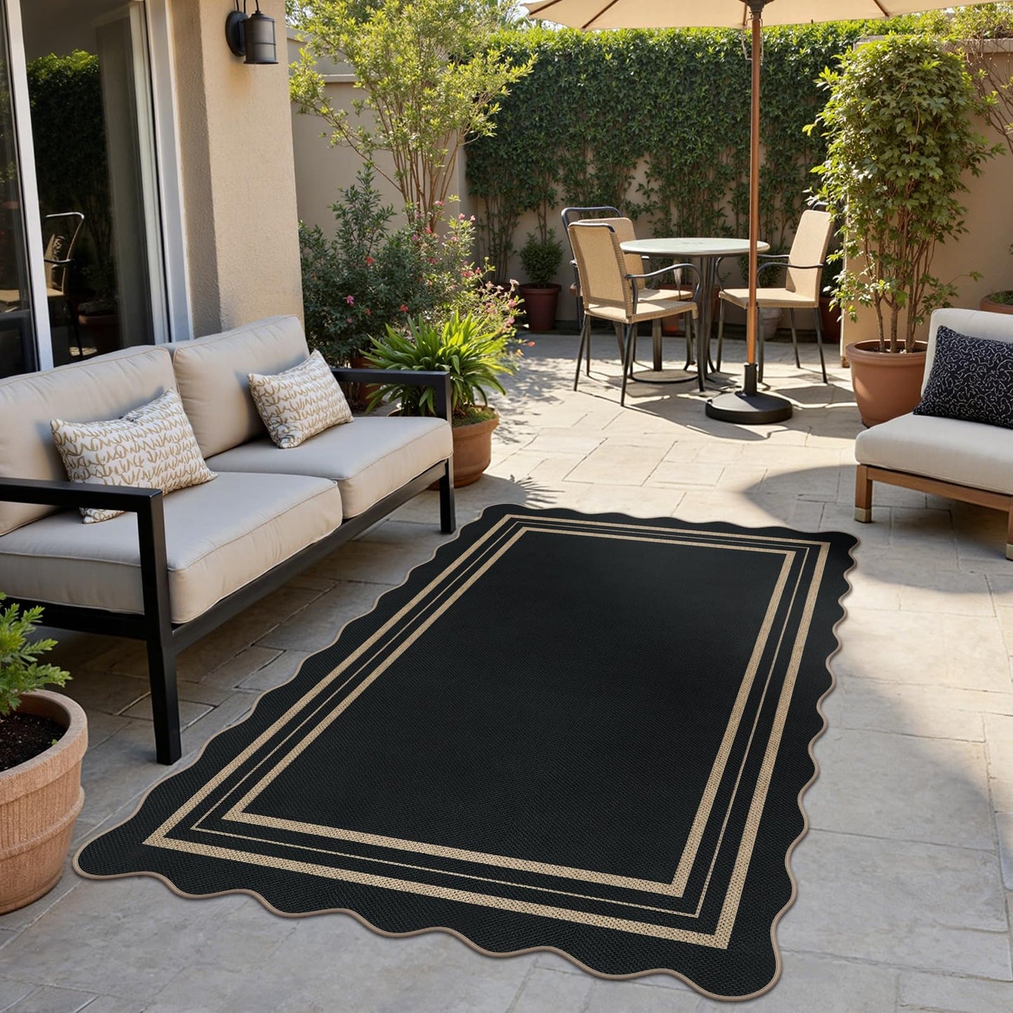 LORWER Modern Easy Jute 4x6 Outdoor Patio Rug, Washable Indoor Black Kitchen Rugs Farmhouse Neutral Non Slip Area Rug for Living Room Backyard Bedroom
