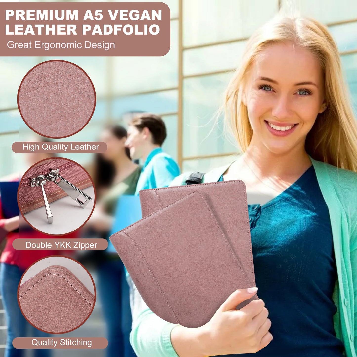 KISSKI A5 Planner Binder Padfolio for Women, Small 6 Ring Resume Folders for Interview, Vegan Leather Portfolio Organizer Folio with Zipper and 1pc A5 Notepad, Business Card/Pen Holder, Gifts, Pink