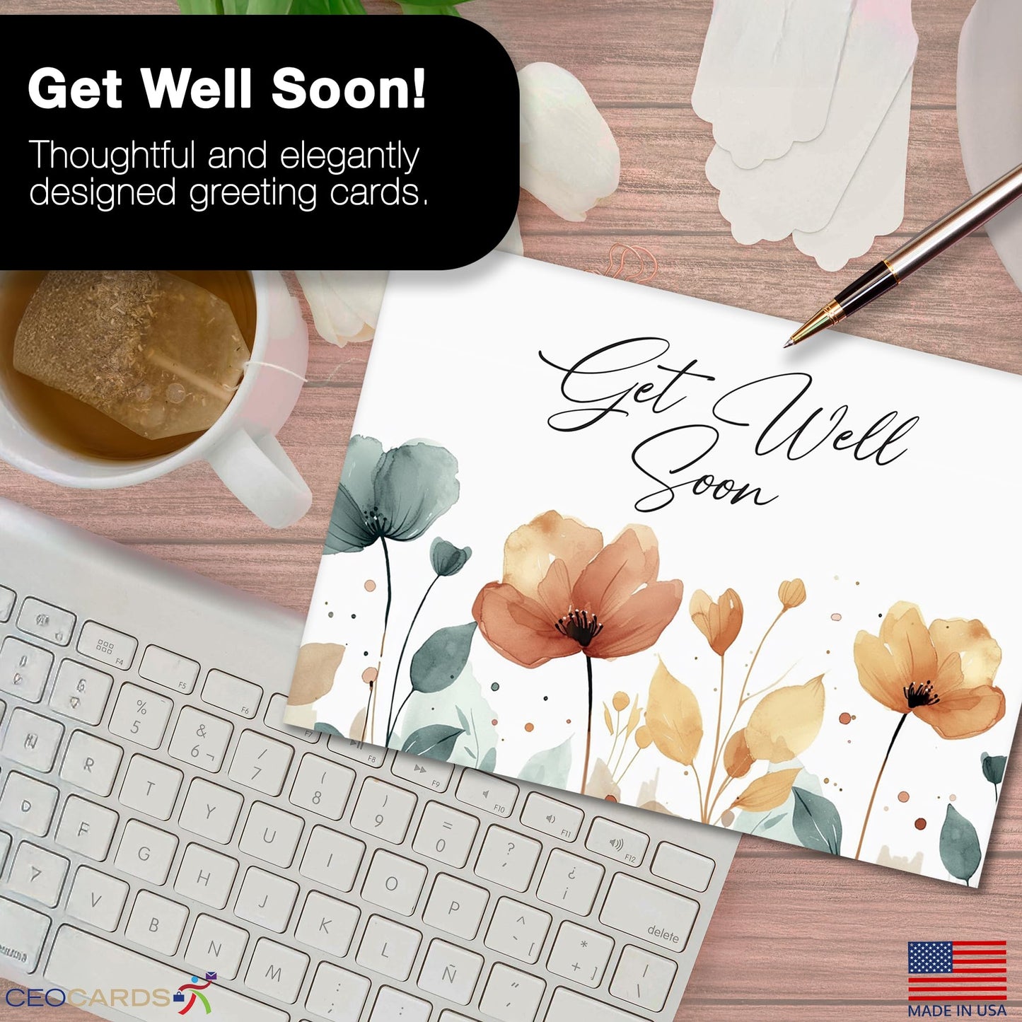 Get Well Soon Cards with Envelopes for Business & Family (Flowers) Bulk 25 Pack of Thoughtfully Designed Recovery Cards with Envelopes (5x7 inch - A7) Office, Work, Employees & Clients (GW2402)