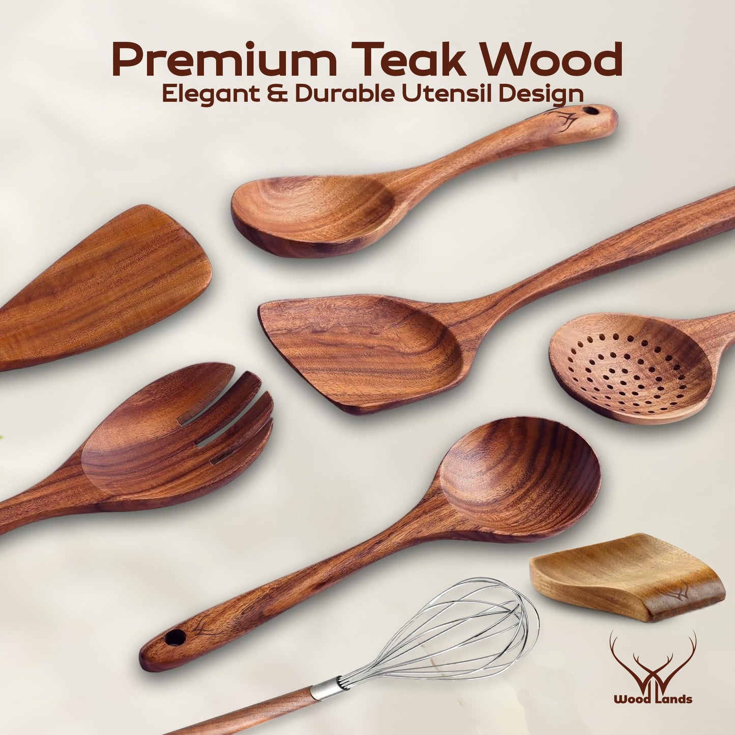 8 Pcs Teak Wooden Utensil Set – Premium Wooden Cooking Utensils Set, Natural Wooden Spoons for Cooking - Sturdy Kitchen Utensils & Cooking Spoons for Every Chef