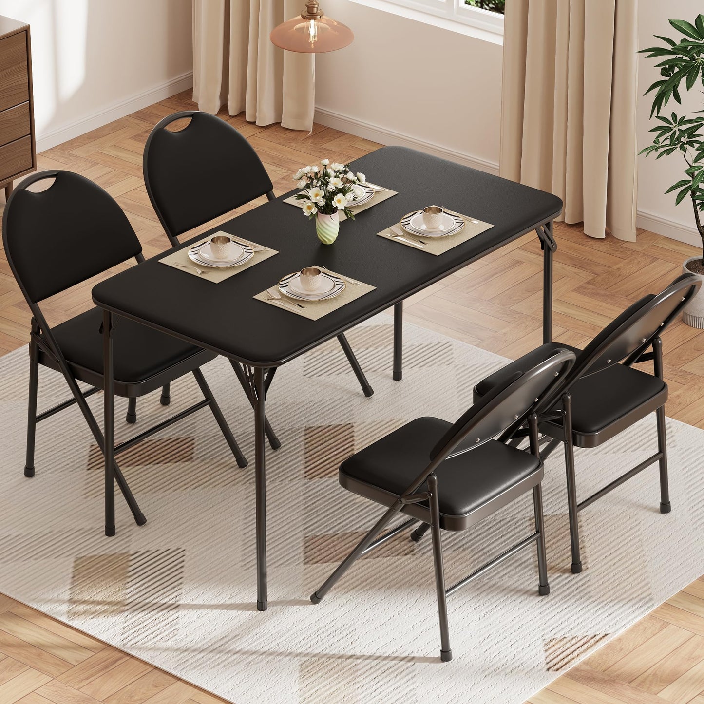 IDEALHOUSE 4 Feet Folding Table, Protable Foldable Card Table, Metal Legs Support, Upholstered PU Leather Tabletop, Heavy Duty, No Assembly Required, Perfet for Indoor and Outdoor, Black